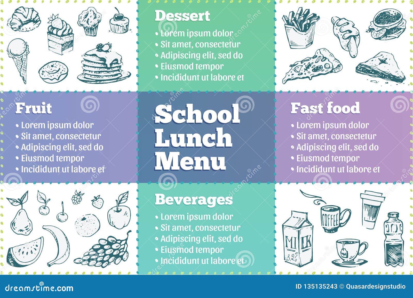 School Lunch Box Menu Template. Sketches of Food Stock Vector Intended For School Lunch Menu Template