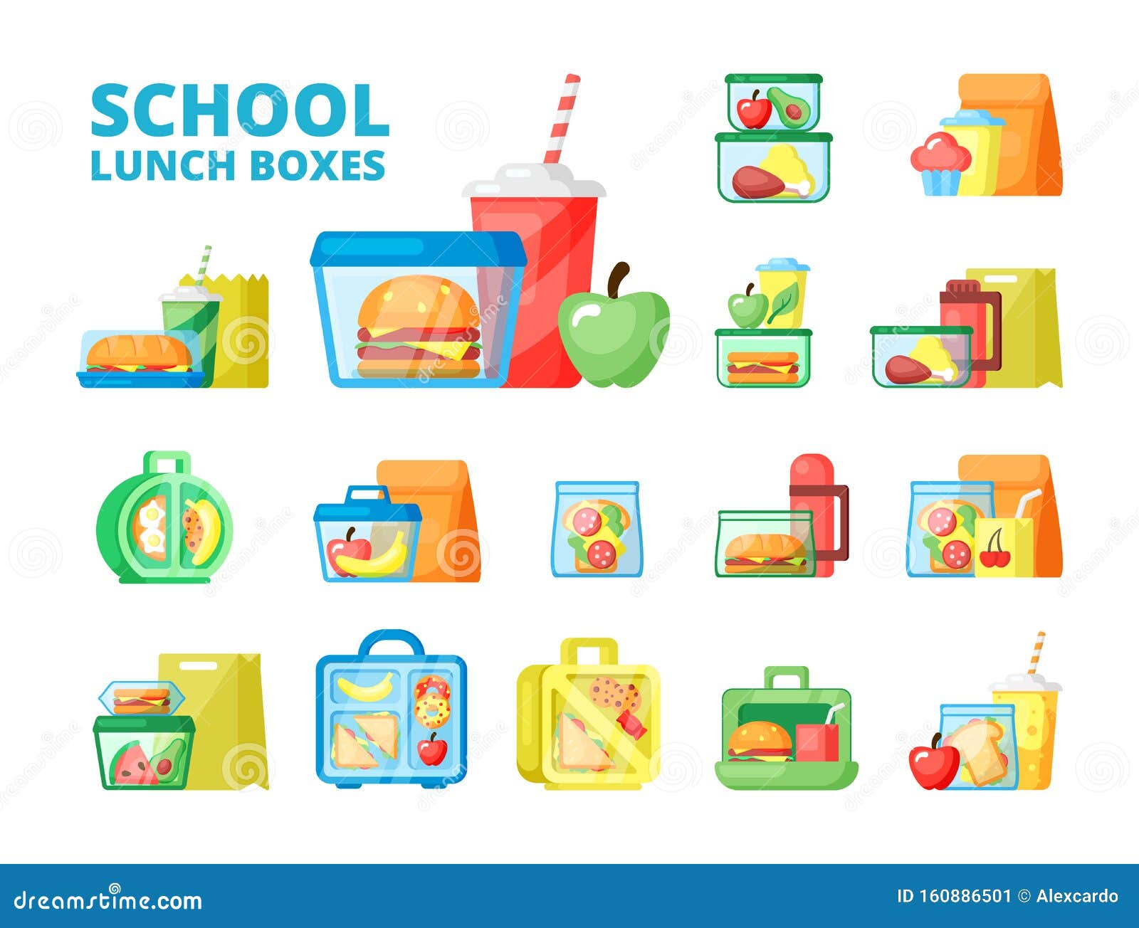 School Lunch Boxes Flat Vector Illustrations Set Stock Vector