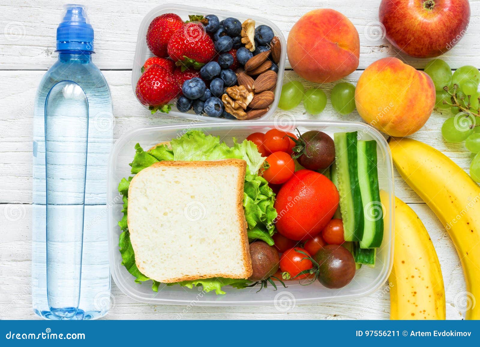 School Lunch Boxes with Sandwich, Fresh Fruits and Vegetables, Berries