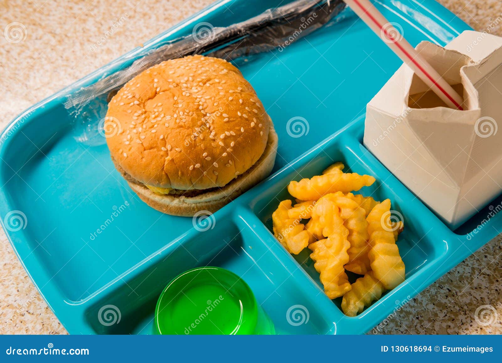 School Lunch Tray Cheeseburger Stock Photo - Image of gelatin
