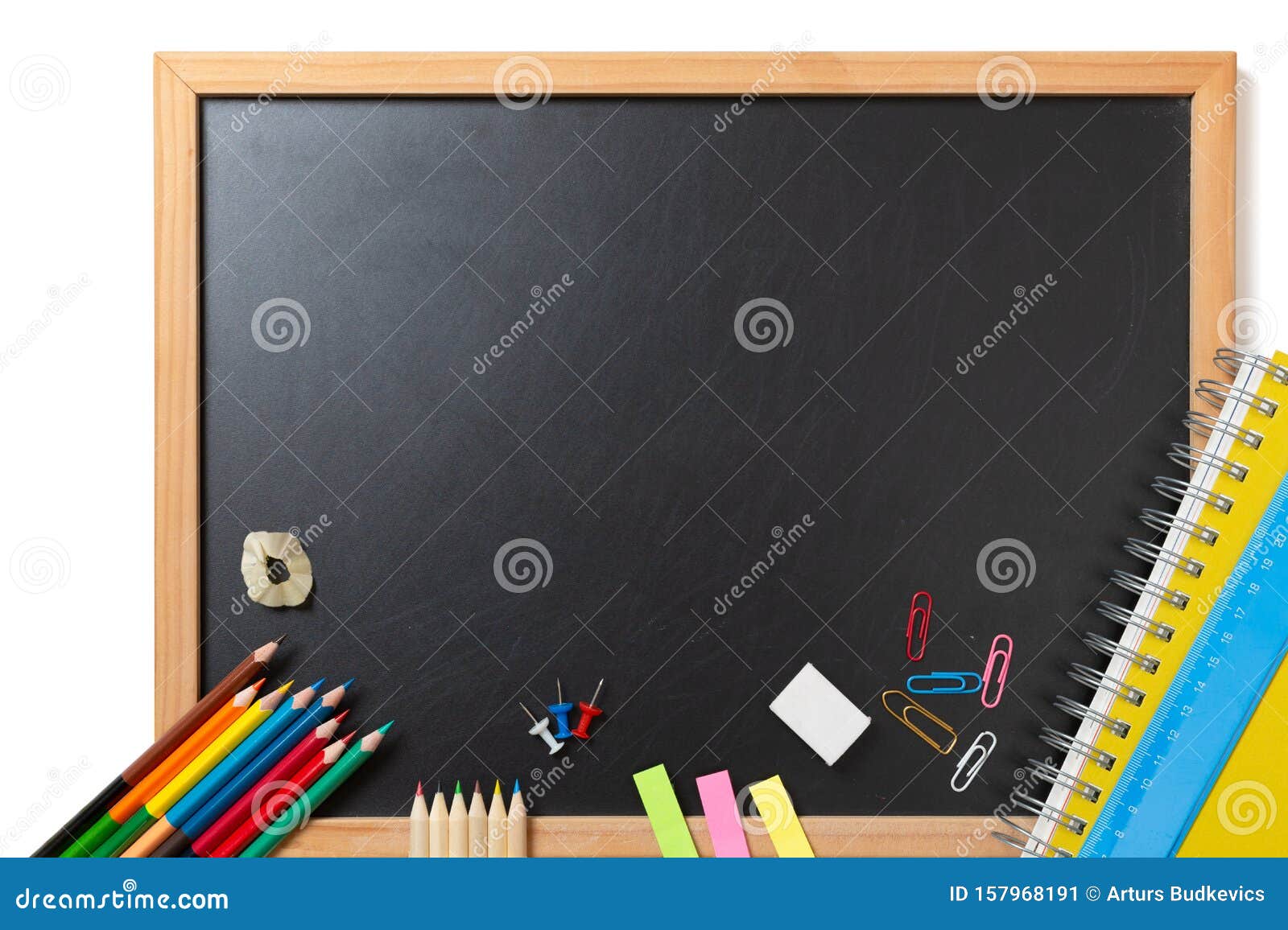School and Office Supplies on Blackboard Background. Back To School Concept  with Stationery Supplies and Chalkboard Stock Image - Image of class,  classroom: 157968191