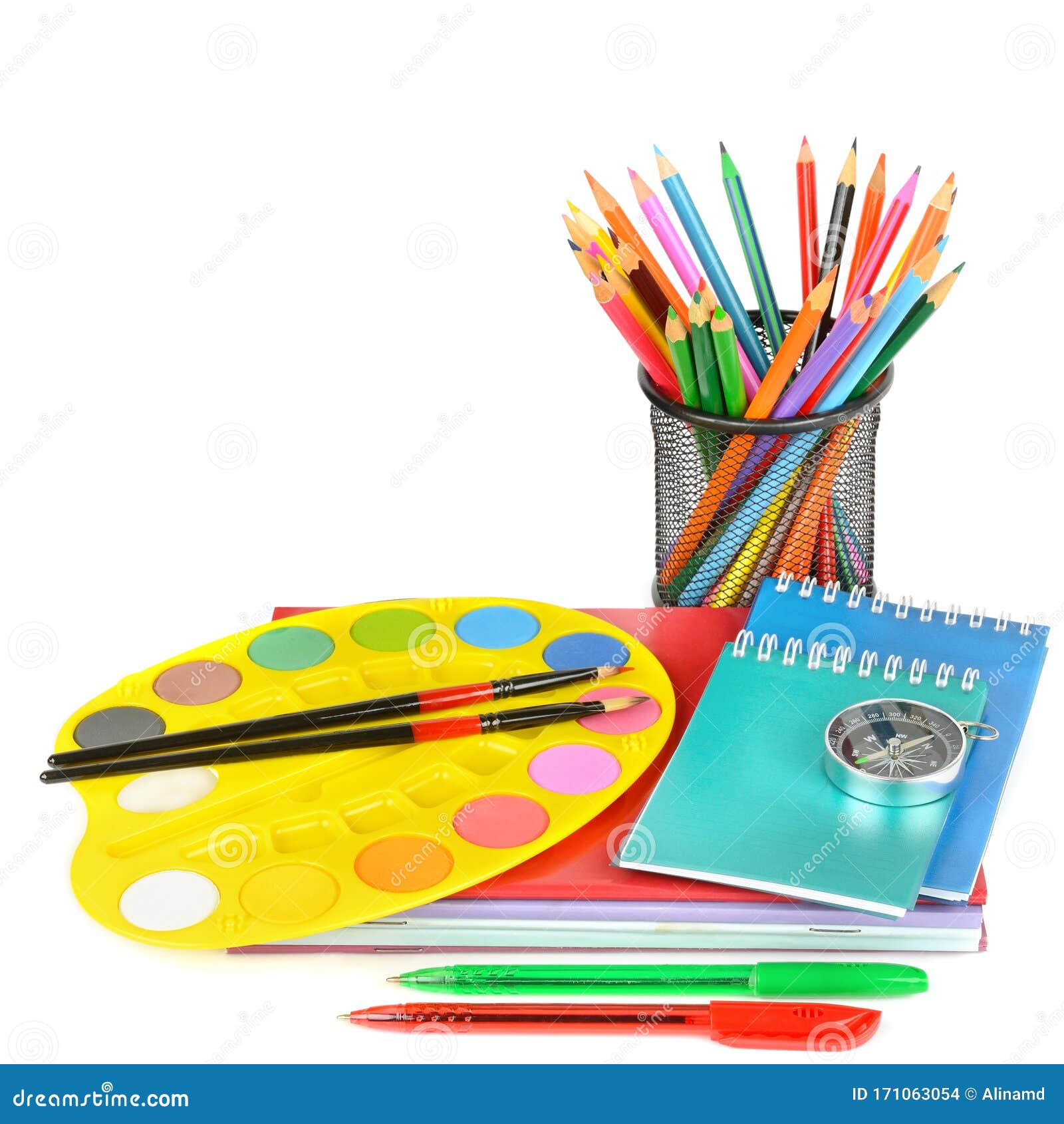 School and Office Supplies Isolated on a White Background Stock Photo
