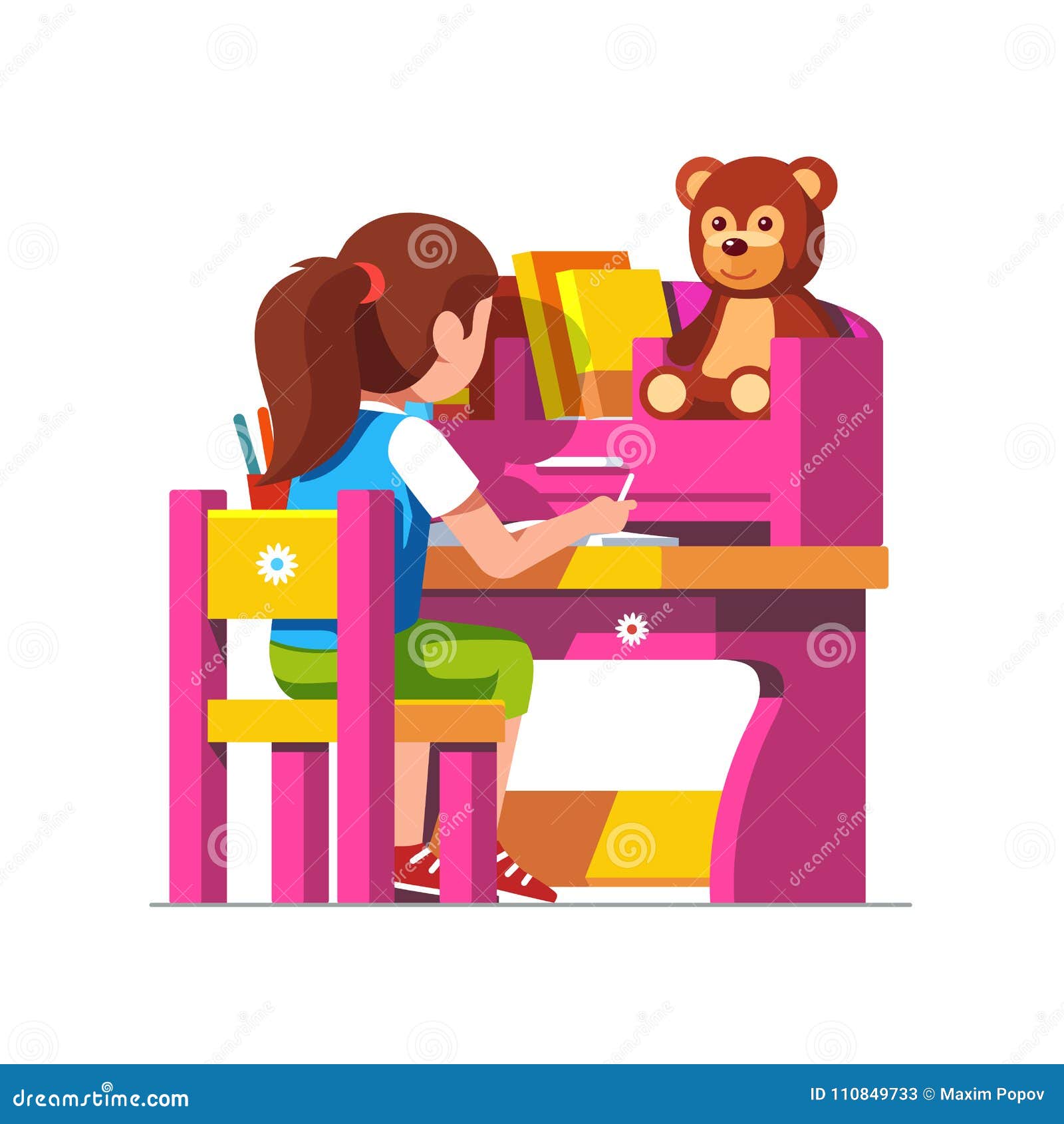 School Girl Studying Sitting At Pink Child Desk Stock Vector