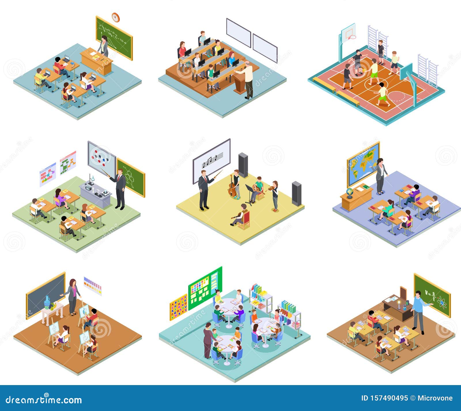 school rooms isometric. library dining room lecture classroom gym sports hall toilet college university interior