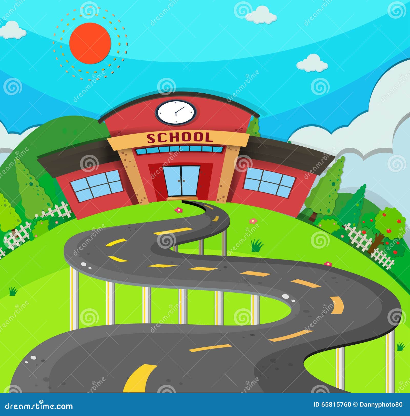 School Scene with Road To the School Stock Vector Illustration of