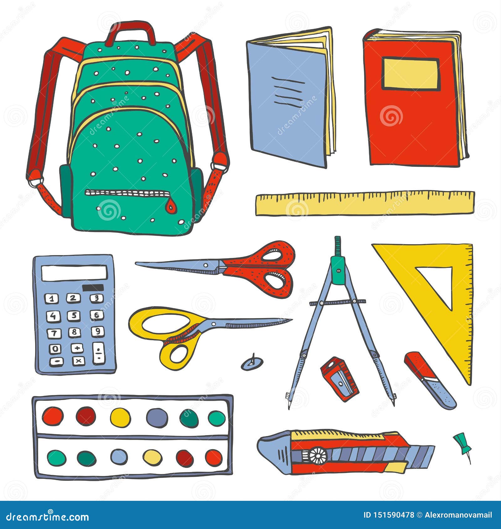 School Stationery. Hand Drawn Outline Color Doodle Sketch Vector