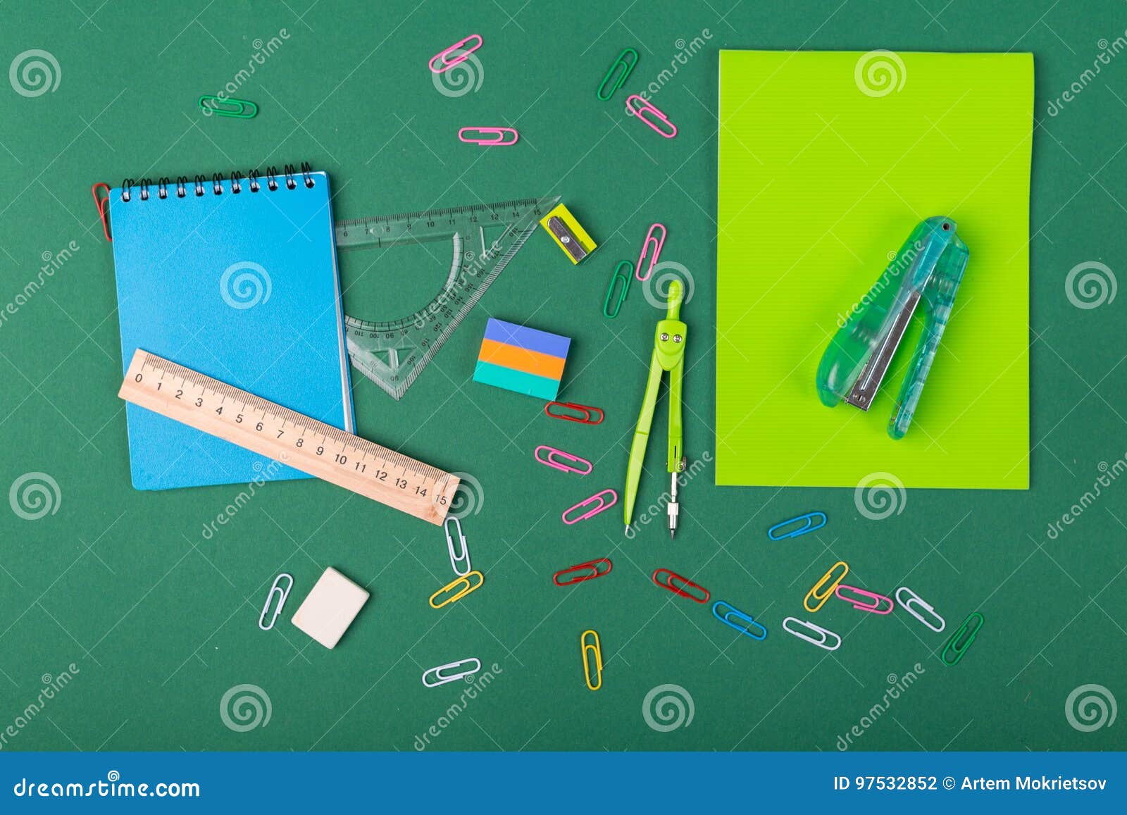 School stationery stock photo. Image of green, college 97532852