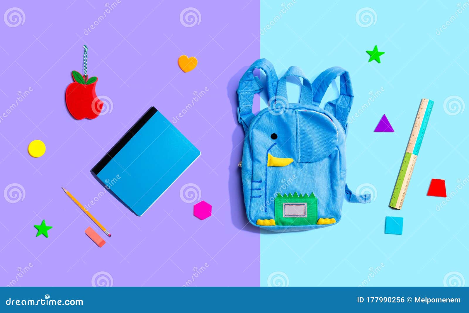 School stationery supplies - overhead view flat lay