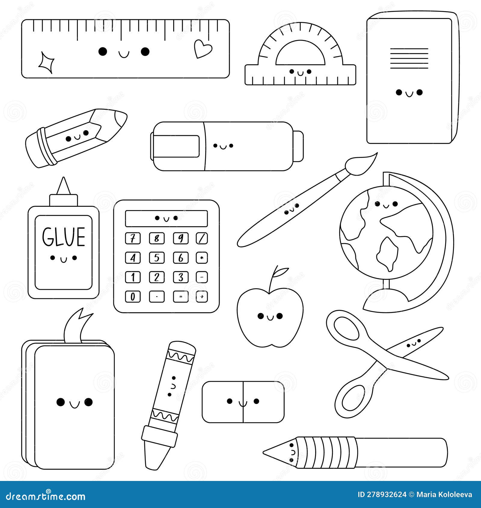 School supplies. Back to school. Big set of hand draw line school items.  Books, pencils, pens, notebooks, erasers, paper, glue, globe, ruler with  happy face. Study. Vector cartoon kawaii illustration. 24201952 Vector