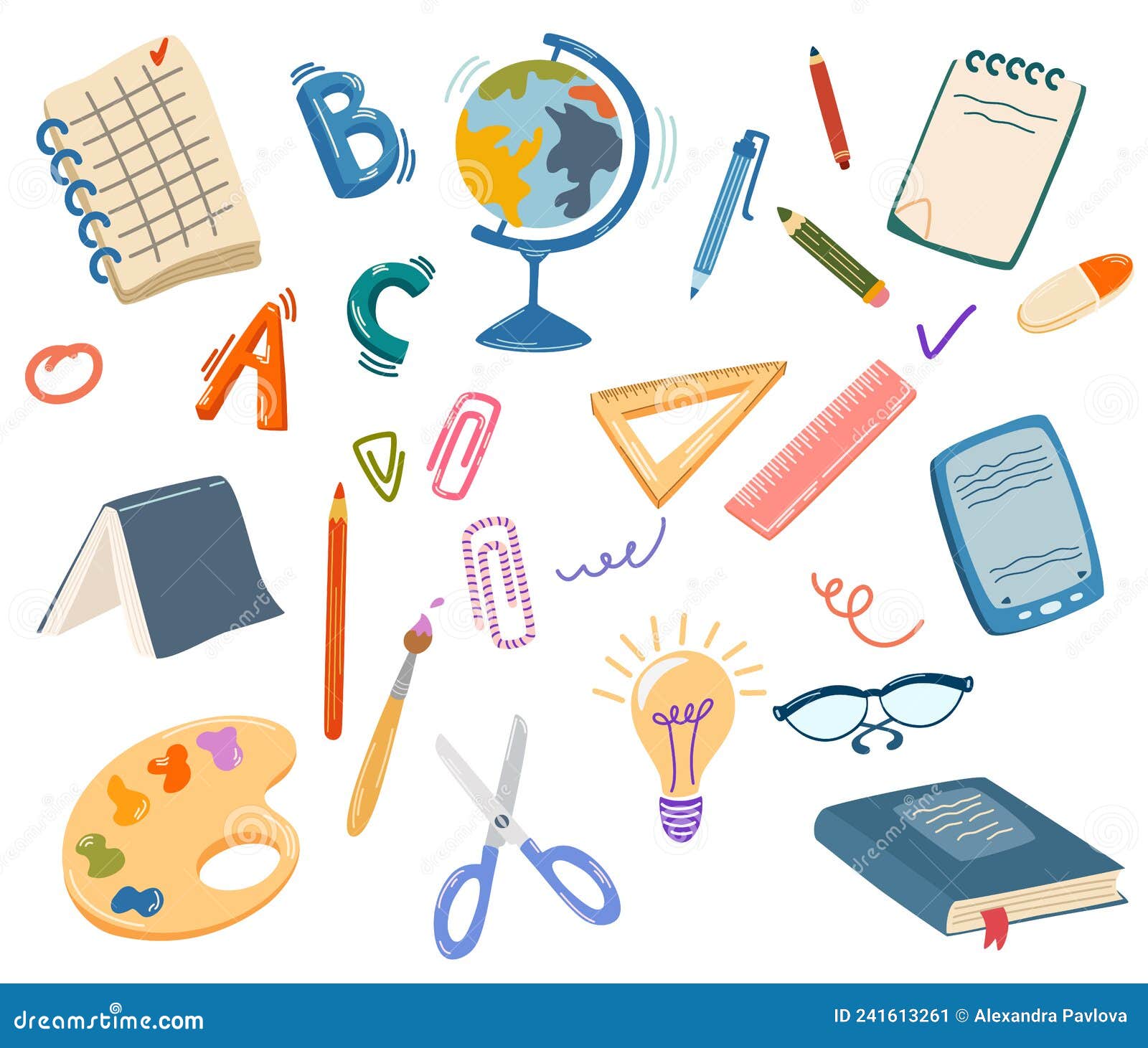 School supplies. Back to school. Big set of hand draw line school items.  Books, pencils, pens, notebooks, erasers, paper, glue, globe, ruler with  happy face. Study. Vector cartoon kawaii illustration. 24201952 Vector