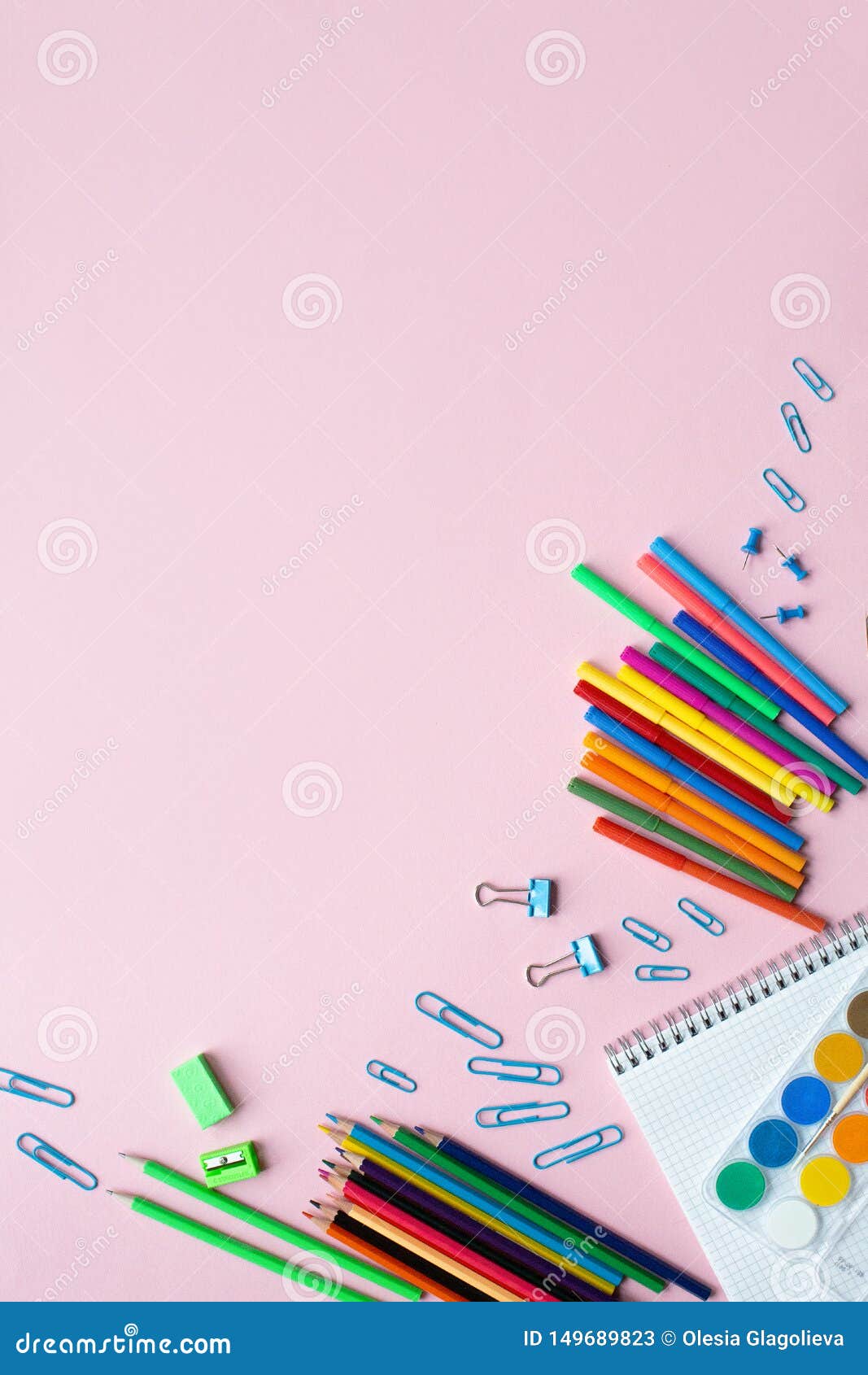 School Supplies Color Background Flat Lay on Pink Background, Back To  School Concept, Copy Space, Vertical. Stock Image - Image of paints, copy:  149689823