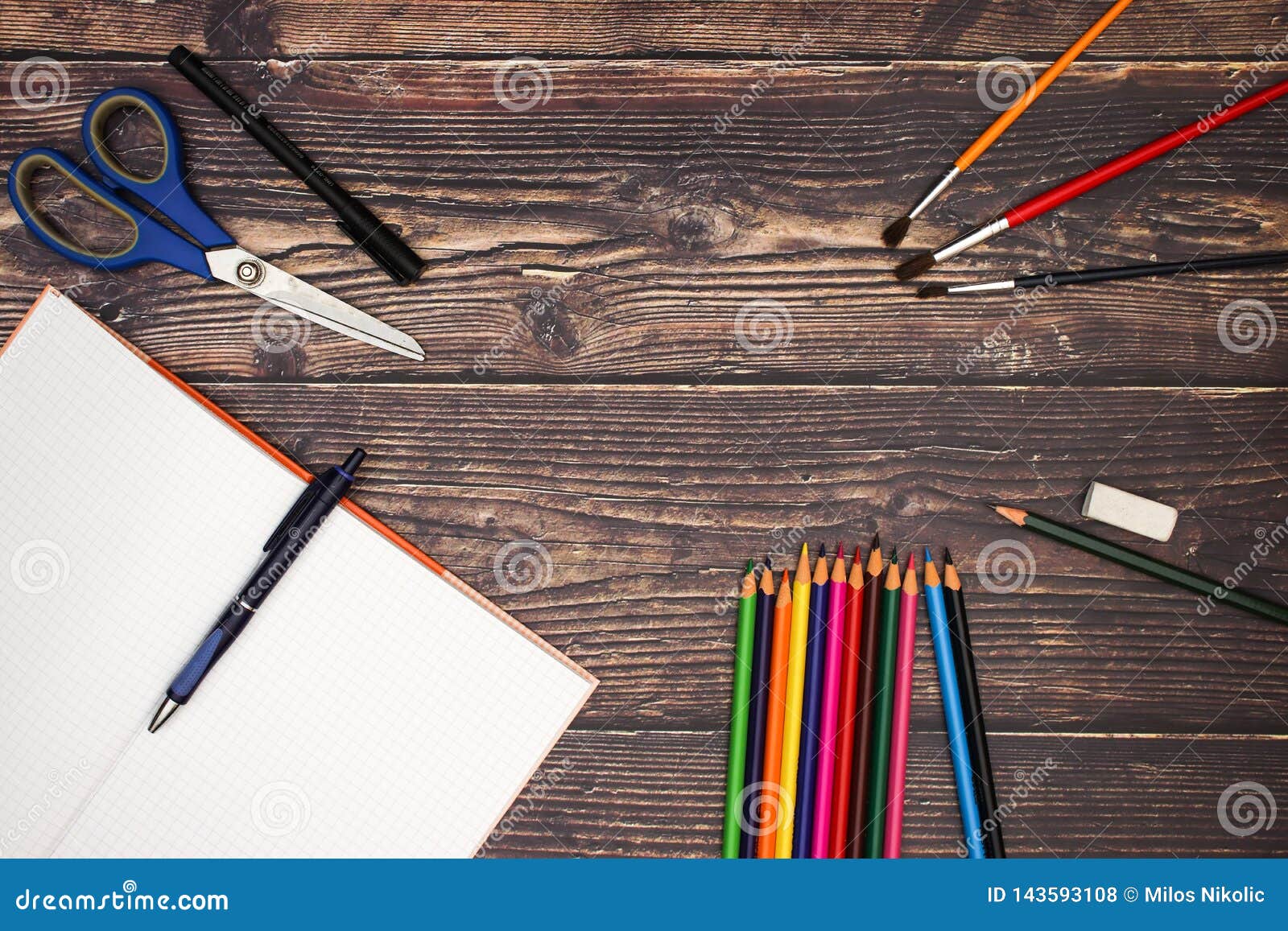 School supplies on desk stock photo. Image of monitor 143593108