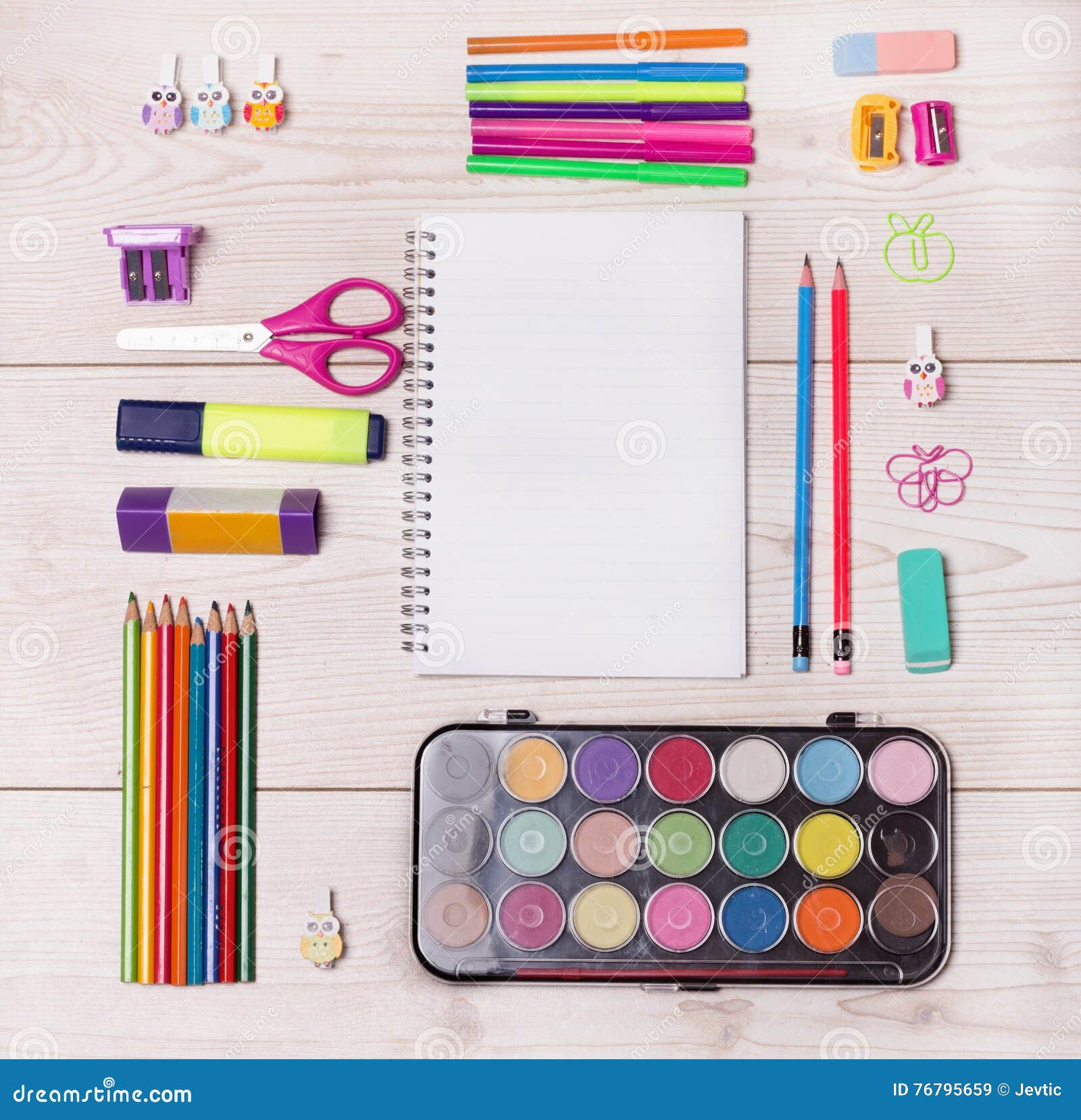 School supplies on desk stock image. Image of brush, colorful 76795659