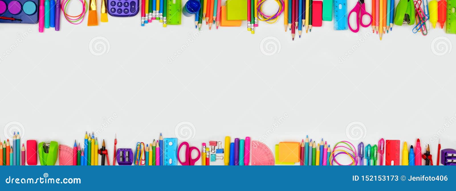 school supplies double border banner, top view on a white background with copy space. back to school.
