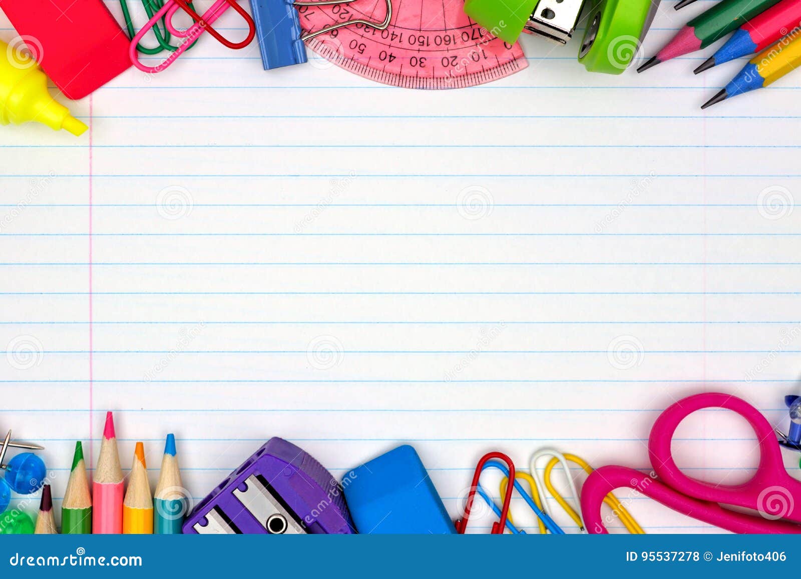 school supplies double border on lined paper background