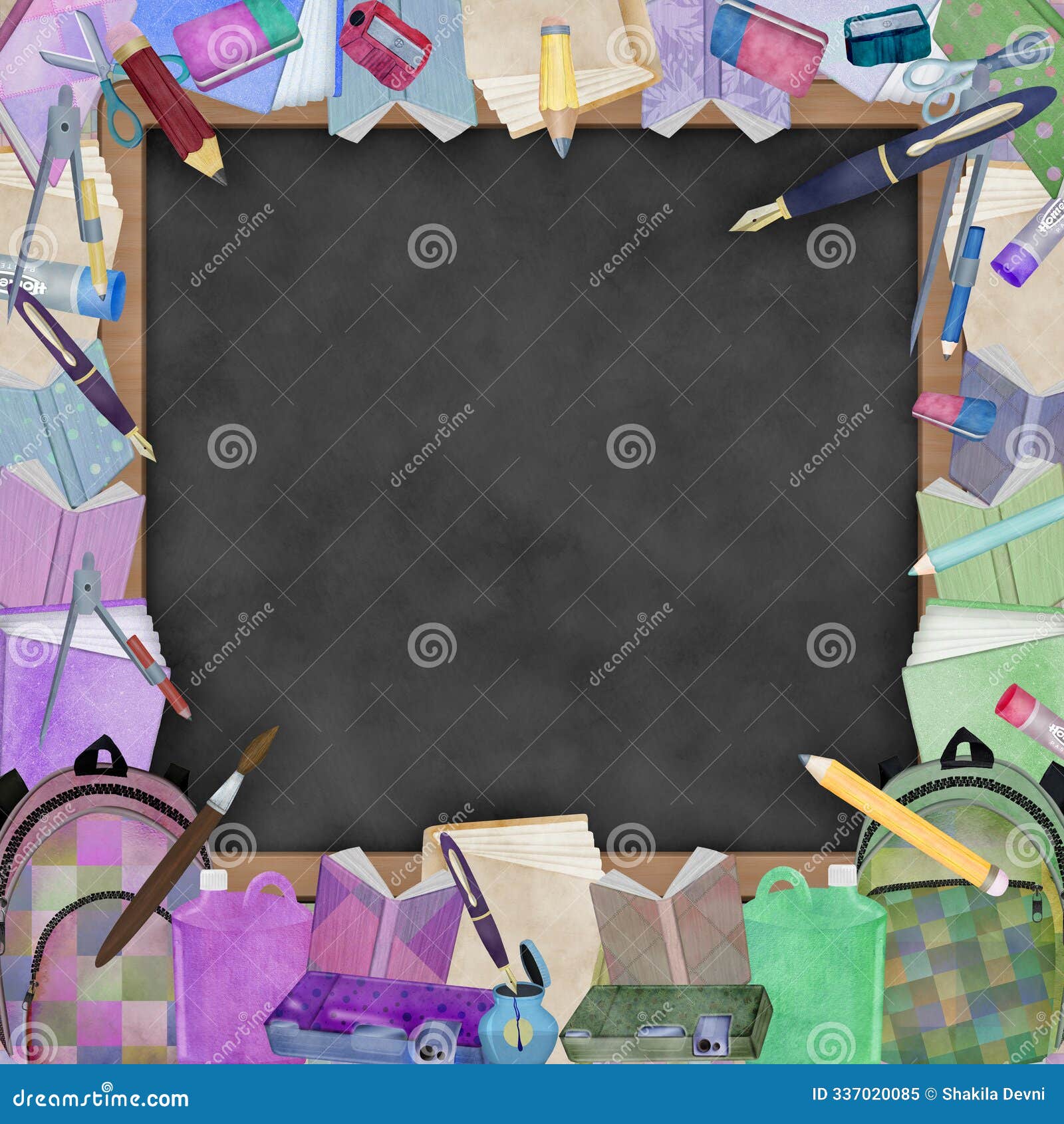 school supplies frame on empty blackboard background.