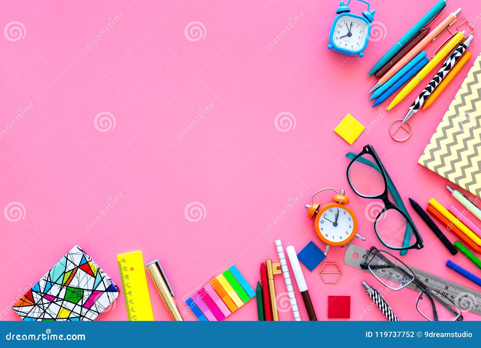 School Supplies. School or Student`s Stationery Mockup with Glasses and  Notebook on Pink Background Top View Space for Stock Photo - Image of  office, paper: 119737752