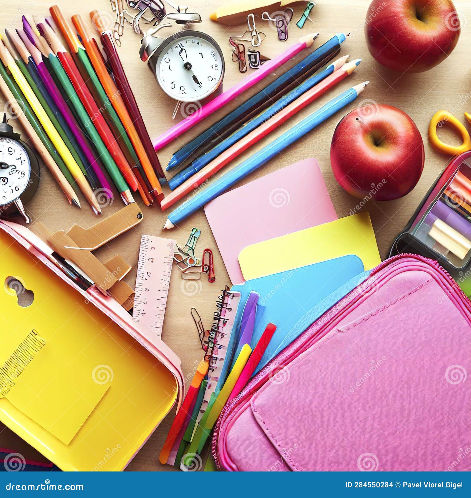 School Supplies, Stationery, and Lunch Box Stock Illustration