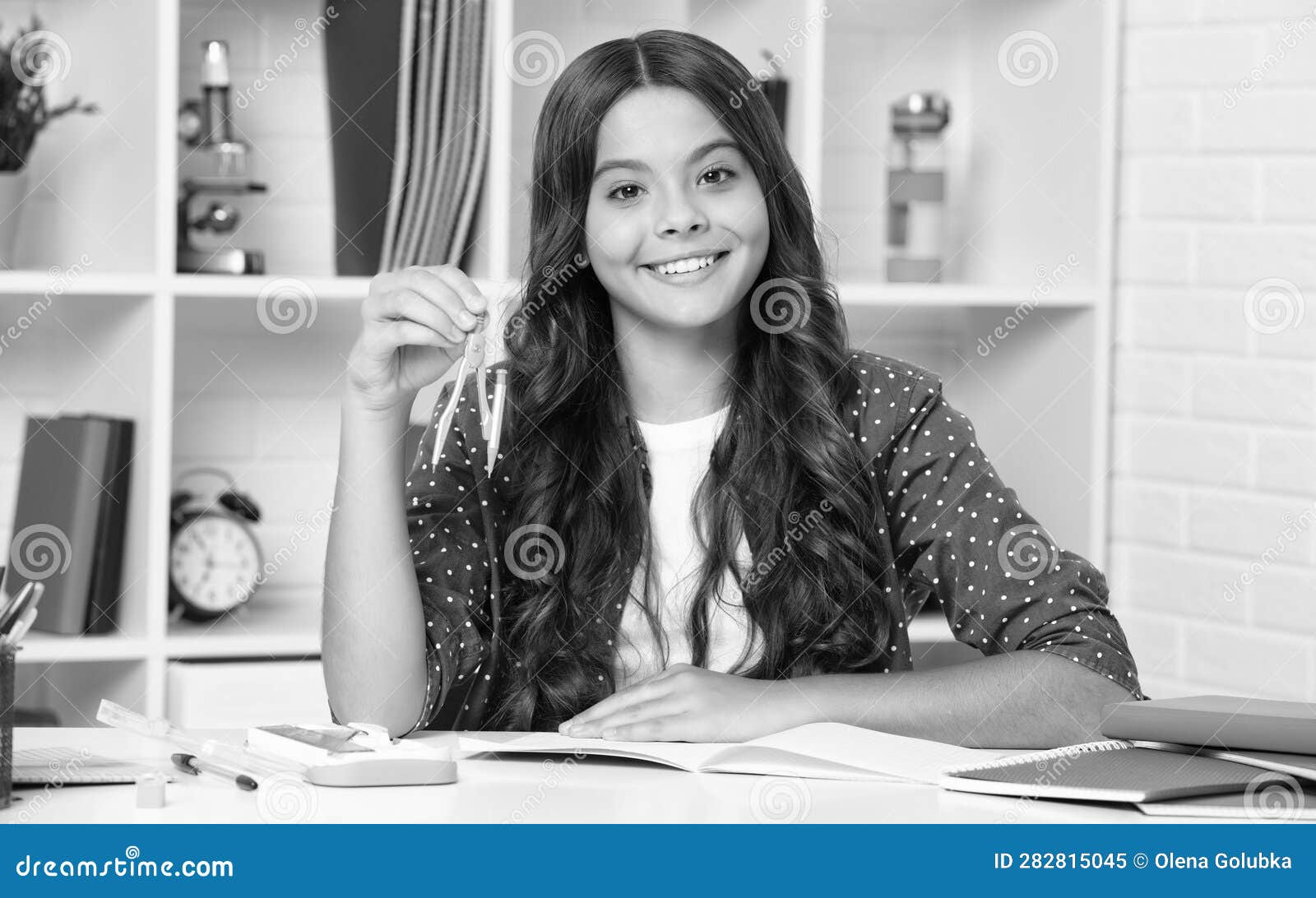 School Teenager Child Girl Measuring with Compass Divider. Geometry ...