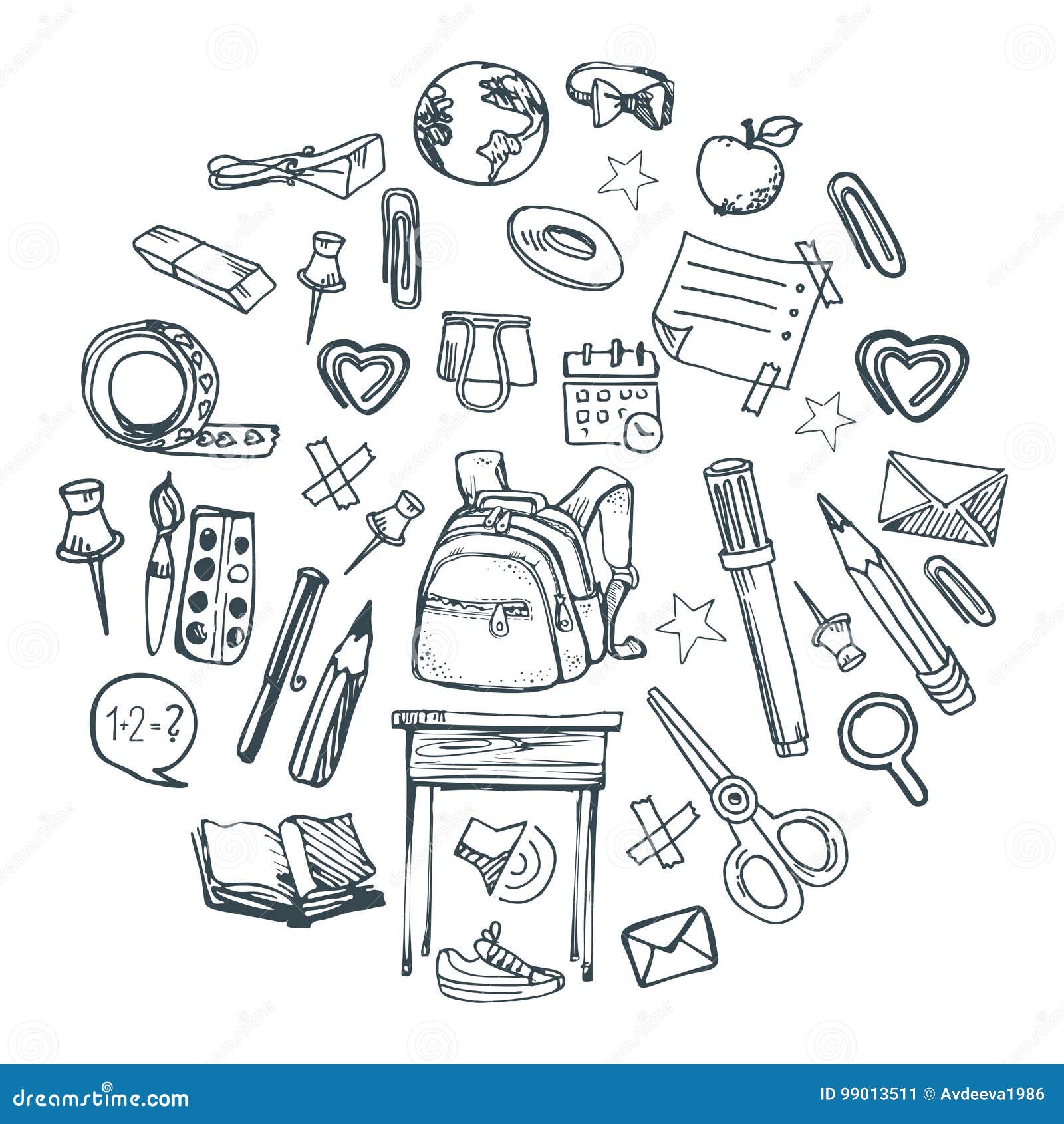 Set Of School Things Checkered Sheet. Doodle Outline Vector ...