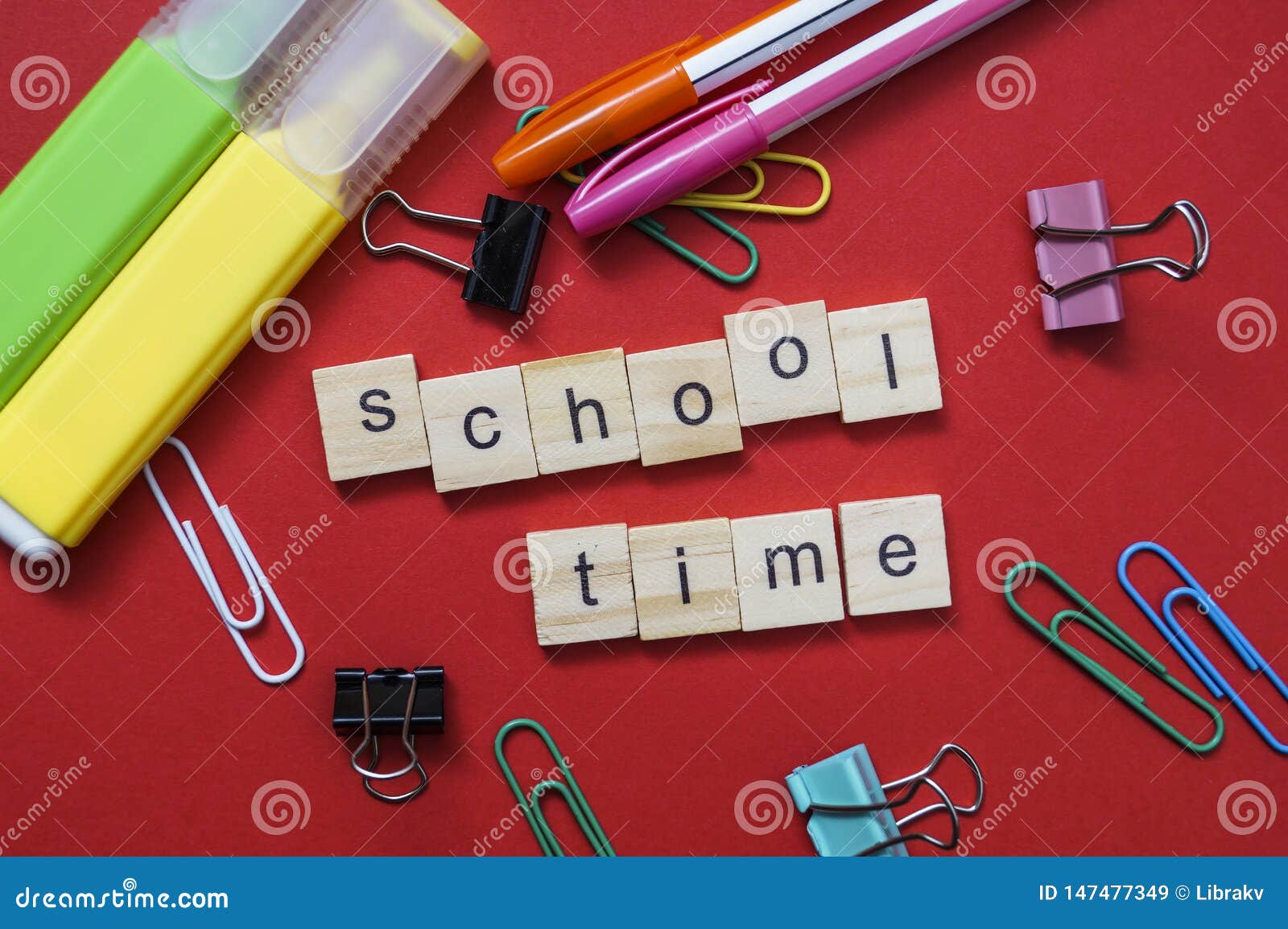 School Time Words Over a Kid`s School Desk Stock Image Image of color