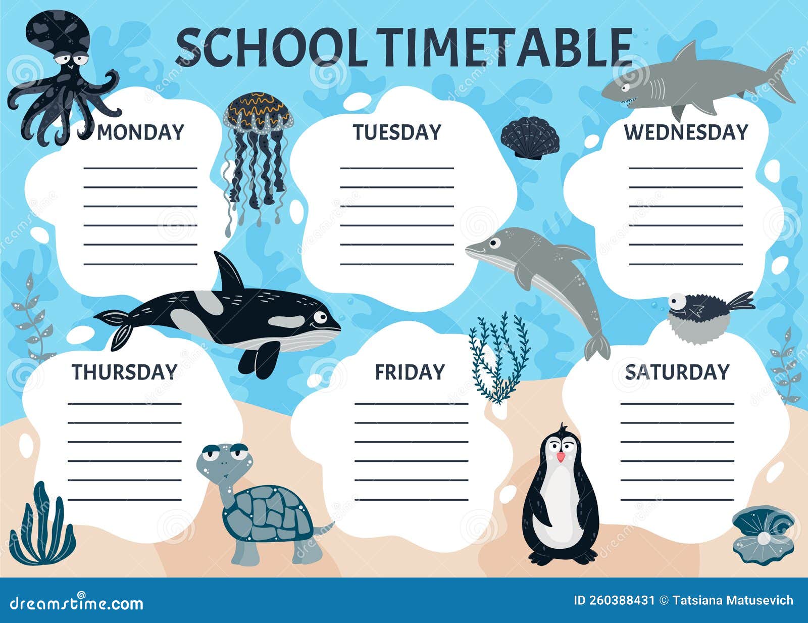 School Timetable of Classes in Elementary School. Weekly Planner