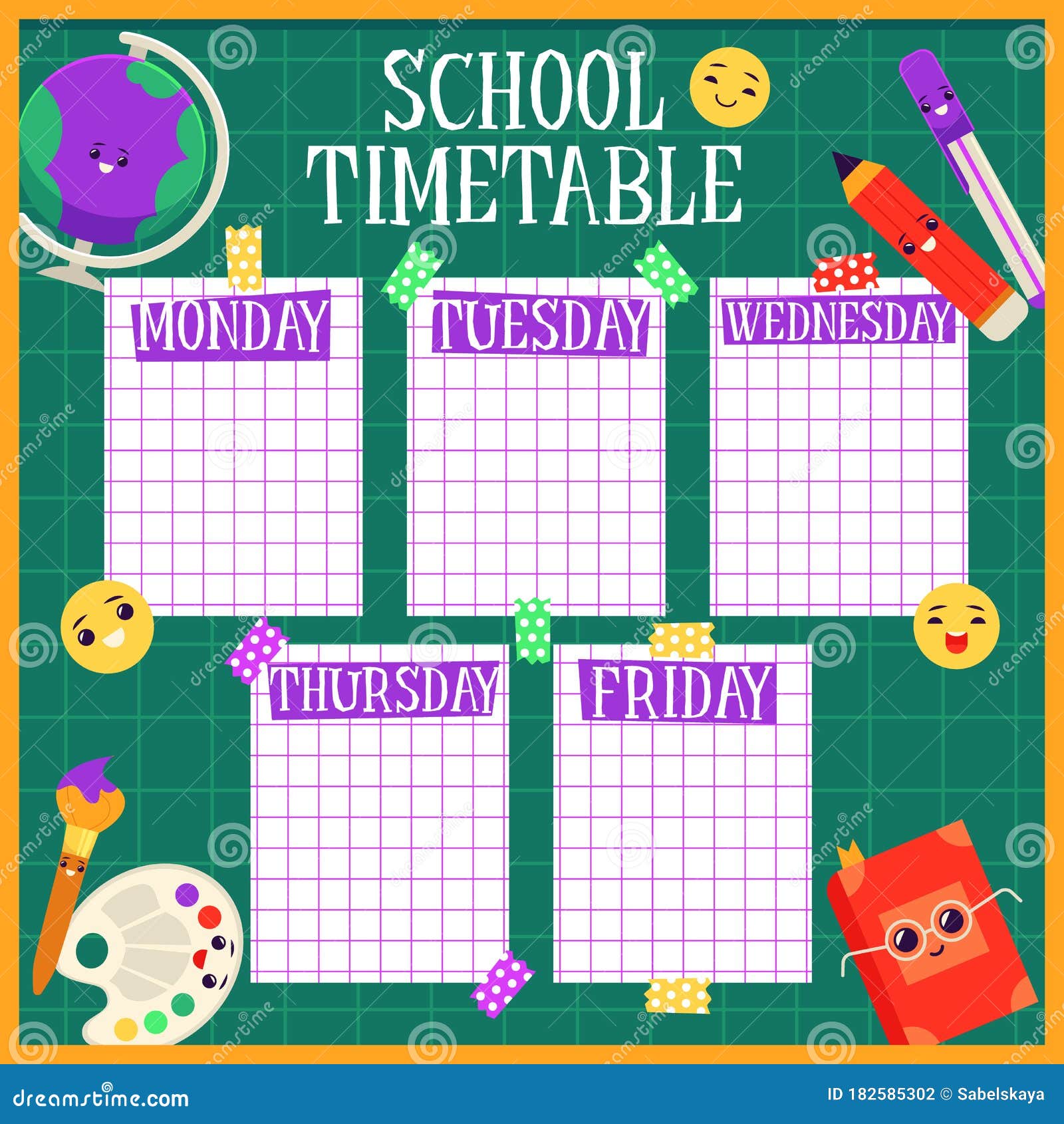 School Timetable Template with Stationery Flat Cartoon Vector Illustration.  Stock Vector - Illustration of drawing, mockup: 182585302