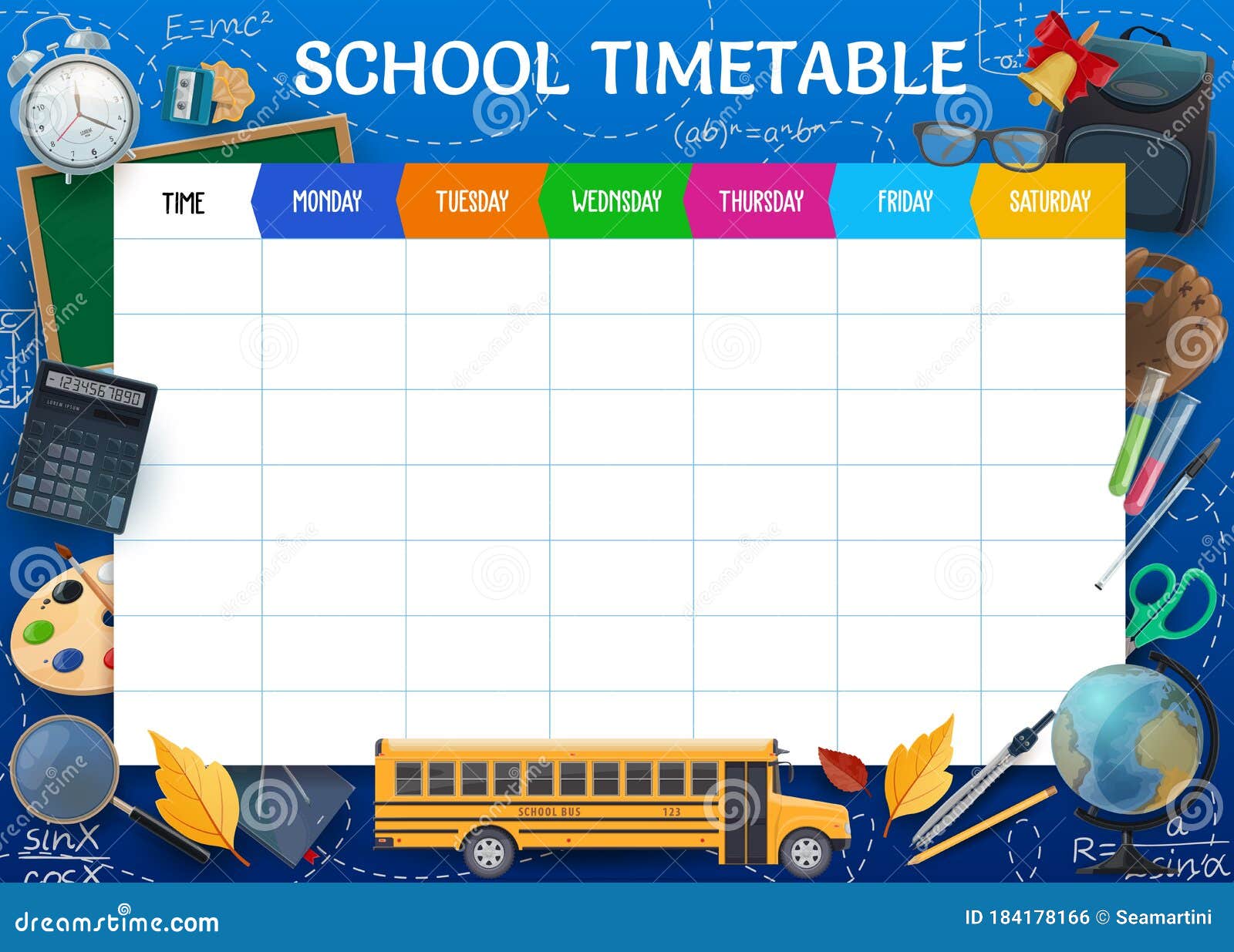 School Timetable Weekly Pupil Schedule Template Stock Vector