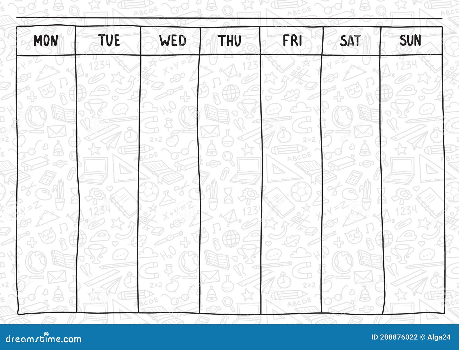 school weekly planner sketch black and white line with supplies