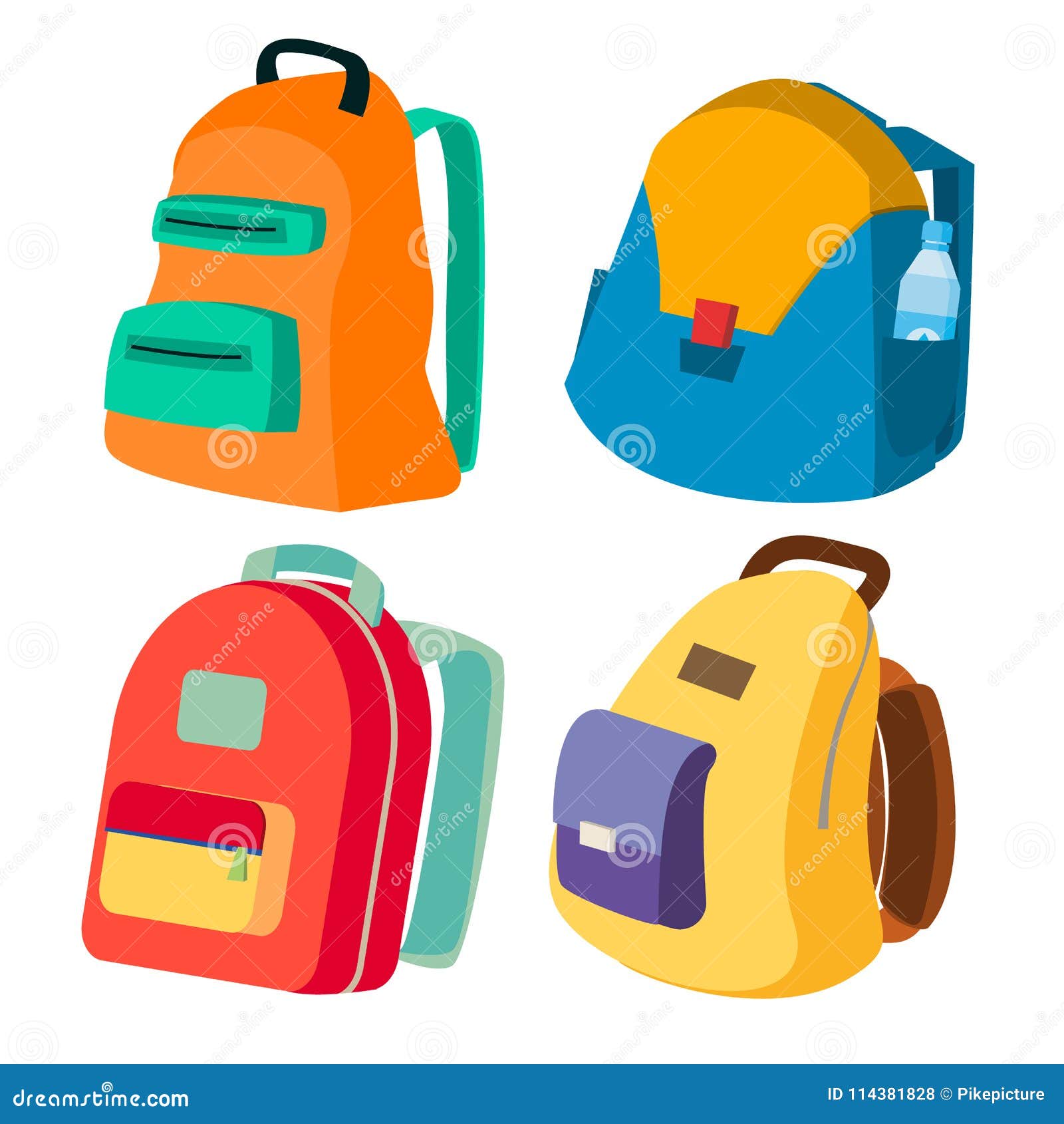 Collection Of Colorful School Bags For Boys And Girls Backpack Full Of  Stationery Objects Vector Illustration