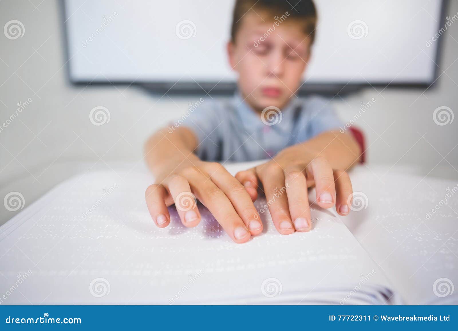 Schoolboy Reading a Braille Book in Classroom Stock Image Image of
