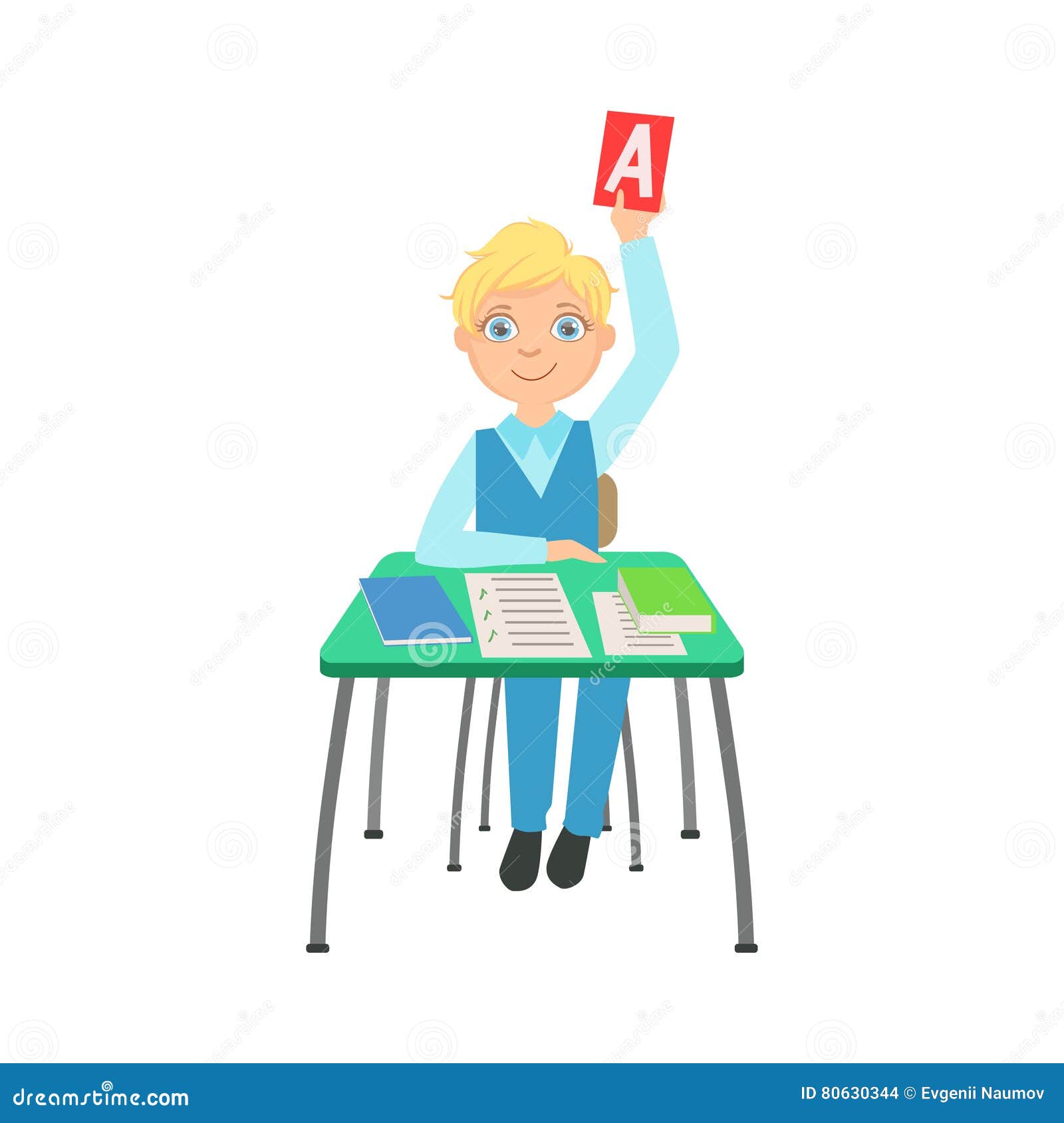 Schoolboy Sitting Behind The Desk In School Class Raising A Paper