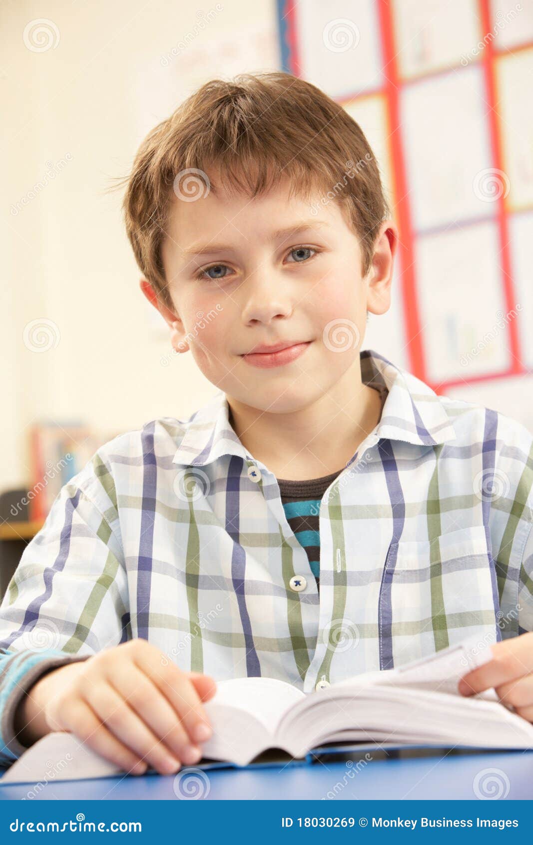 schoolboy studying textbook in classroom