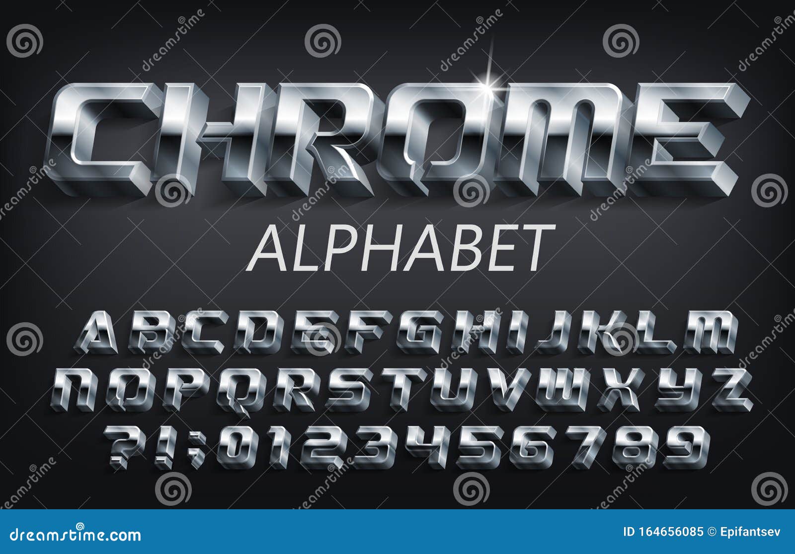 Schrift Für 3D-Chrome Metallbuchstaben, -ziffern Und -symbole Mit