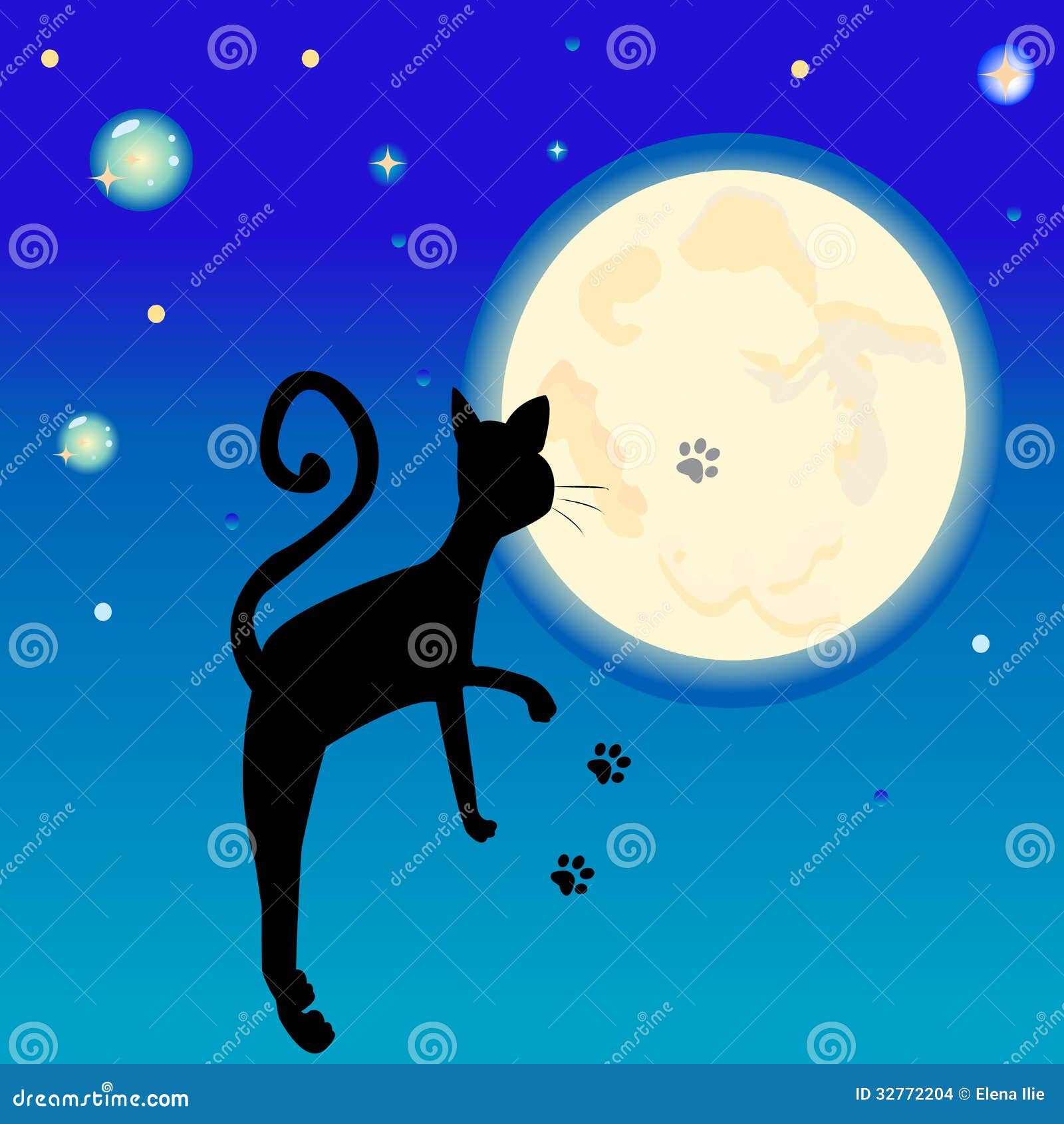 Schwarze Katze vor dem Vollmond. Vector Illustration einer Katze vor dem Vollmond