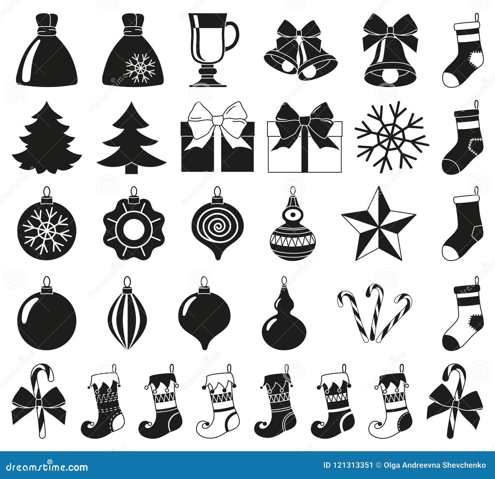 Schwarzer Element-Schattenbildsatz des Weiß 32 Weihnachts. Schwarzweiss--Schattenbildsatz mit 32 Weihnachtselementen Feiertagsdekorationen des neuen Jahres Vector Illustration für Ikonen-, Logo-, Aufkleber-, Flecken-, Aufkleber-, Ausweis-, Emblem-, Zertifikat-, Plakat- oder Gutscheinmuster