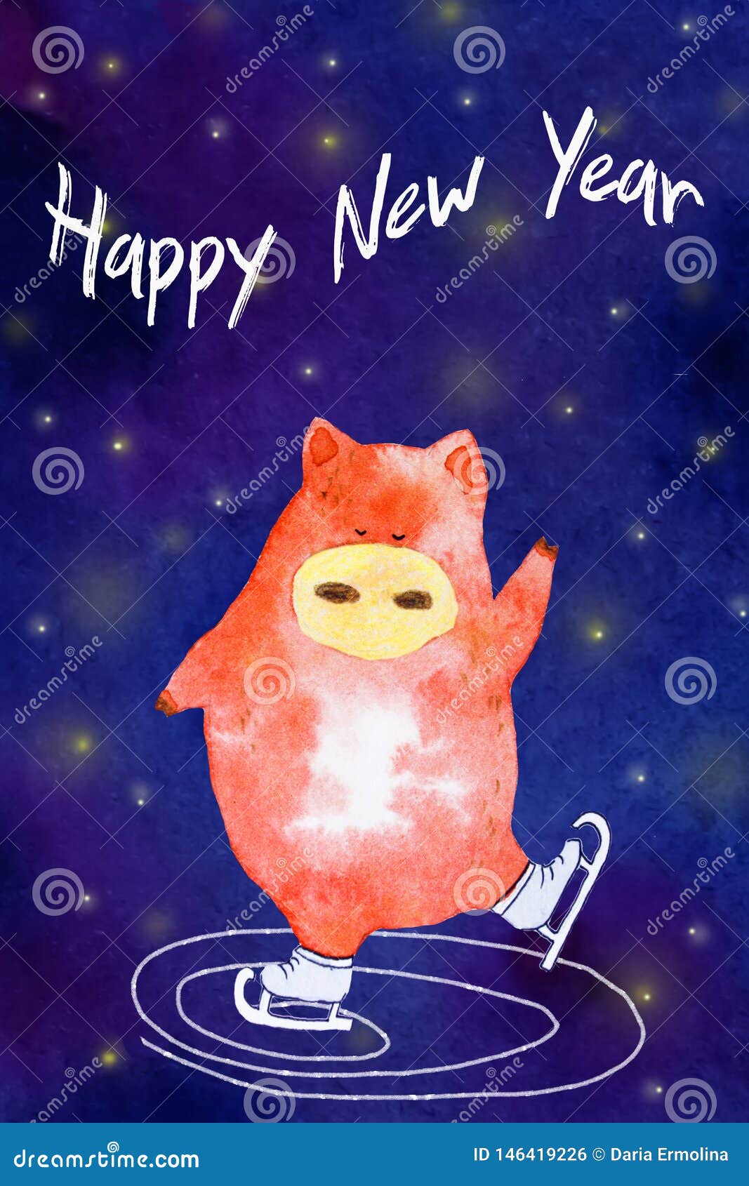 Postkarte mit Schwein des neuen Jahres des Aquarells auf Rochen