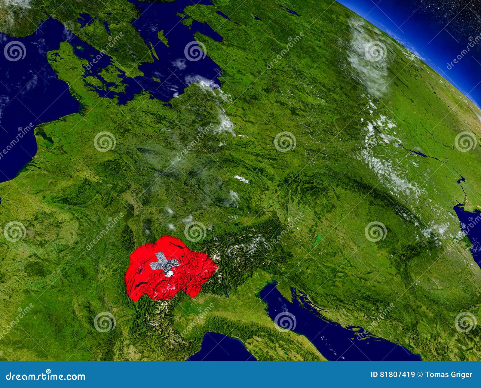 Schweiz med den inbäddade flaggan på jord. Flagga av Schweiz på planetyttersida från utrymme illustration 3D med högt detaljerade realistiska planetyttersida och moln i atmosfären Beståndsdelar av denna avbildar möblerat av NASA
