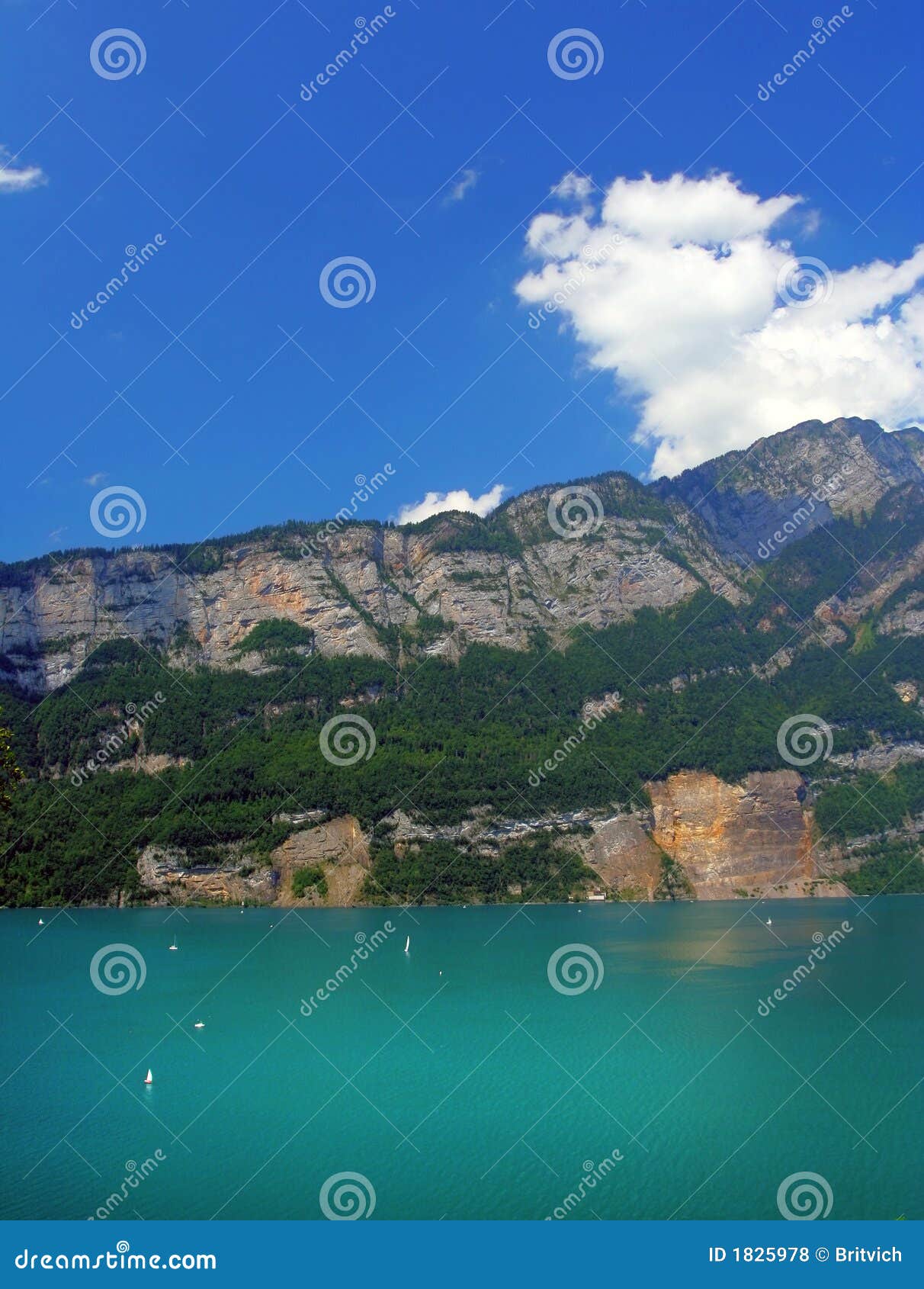 Schweizisk switzerland för lakeberg walensee. Alpin lake soliga switzerland