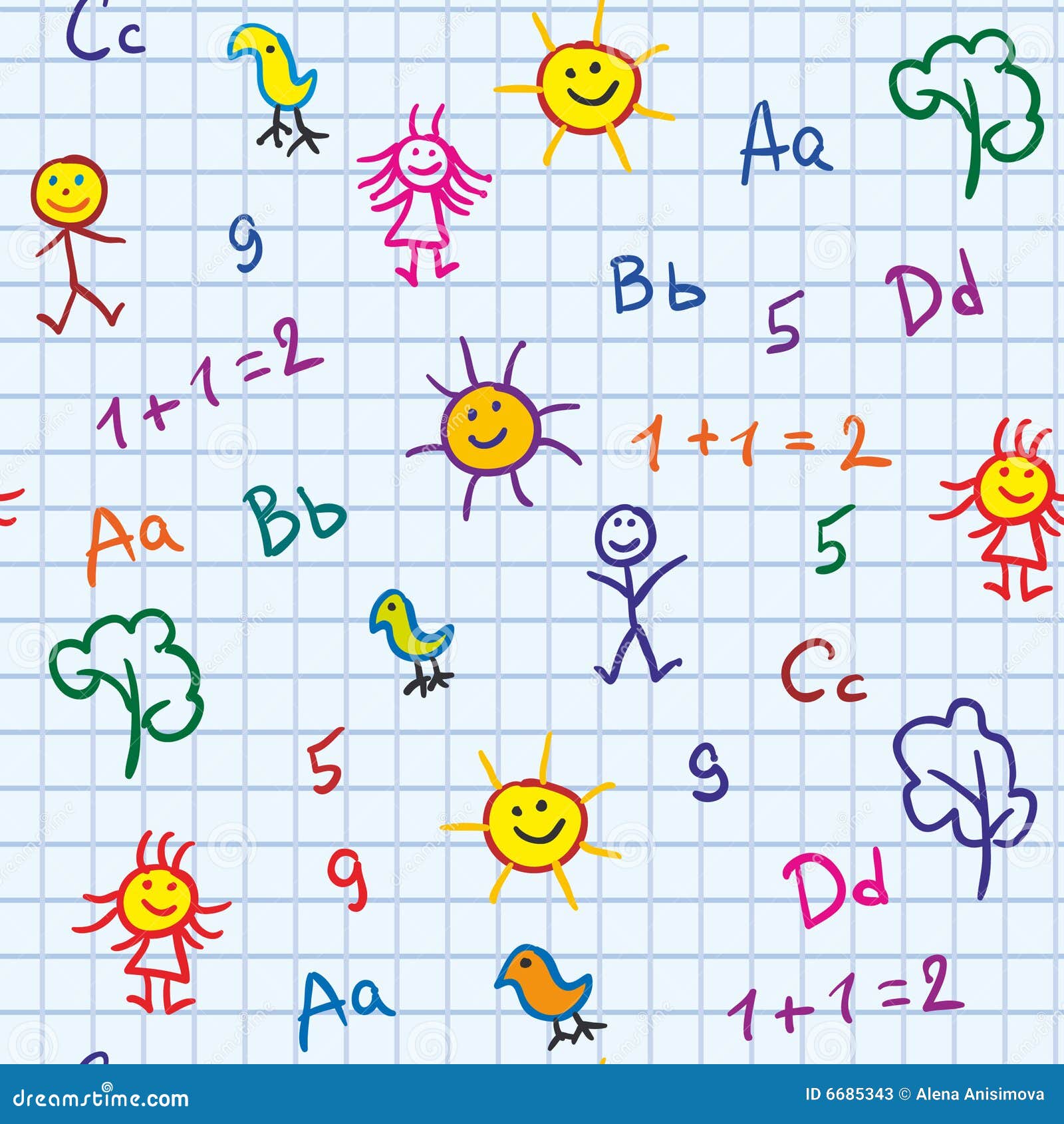 Schätzchenschulevektor nahtlos mit ABC-Zeichnungsjungen und Mädchenbäume und -sonne