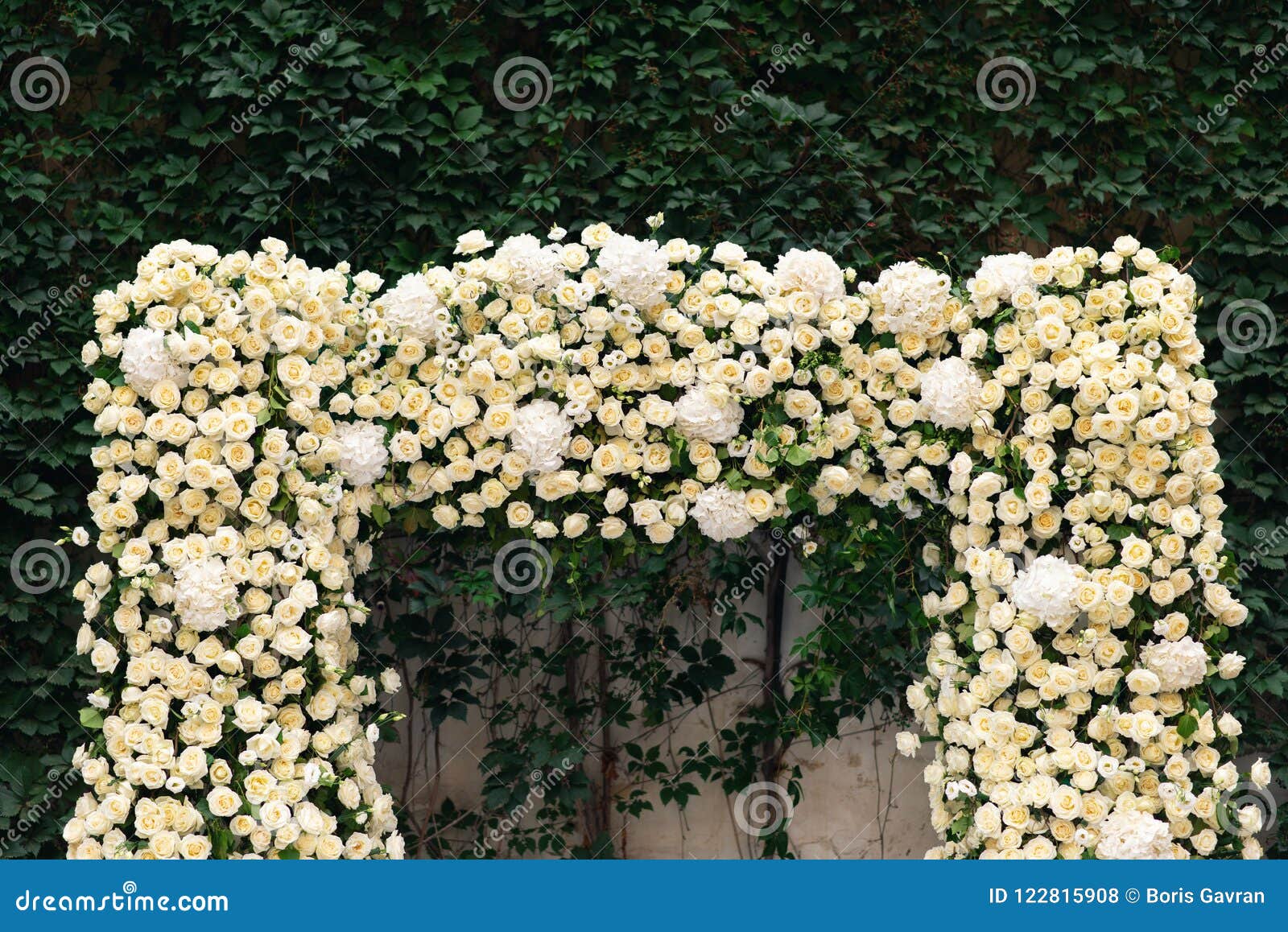 Schöne Zusammensetzung der Hortensie auf Hochzeitszeremoniebogen elegante, Heiratsblumendekoration