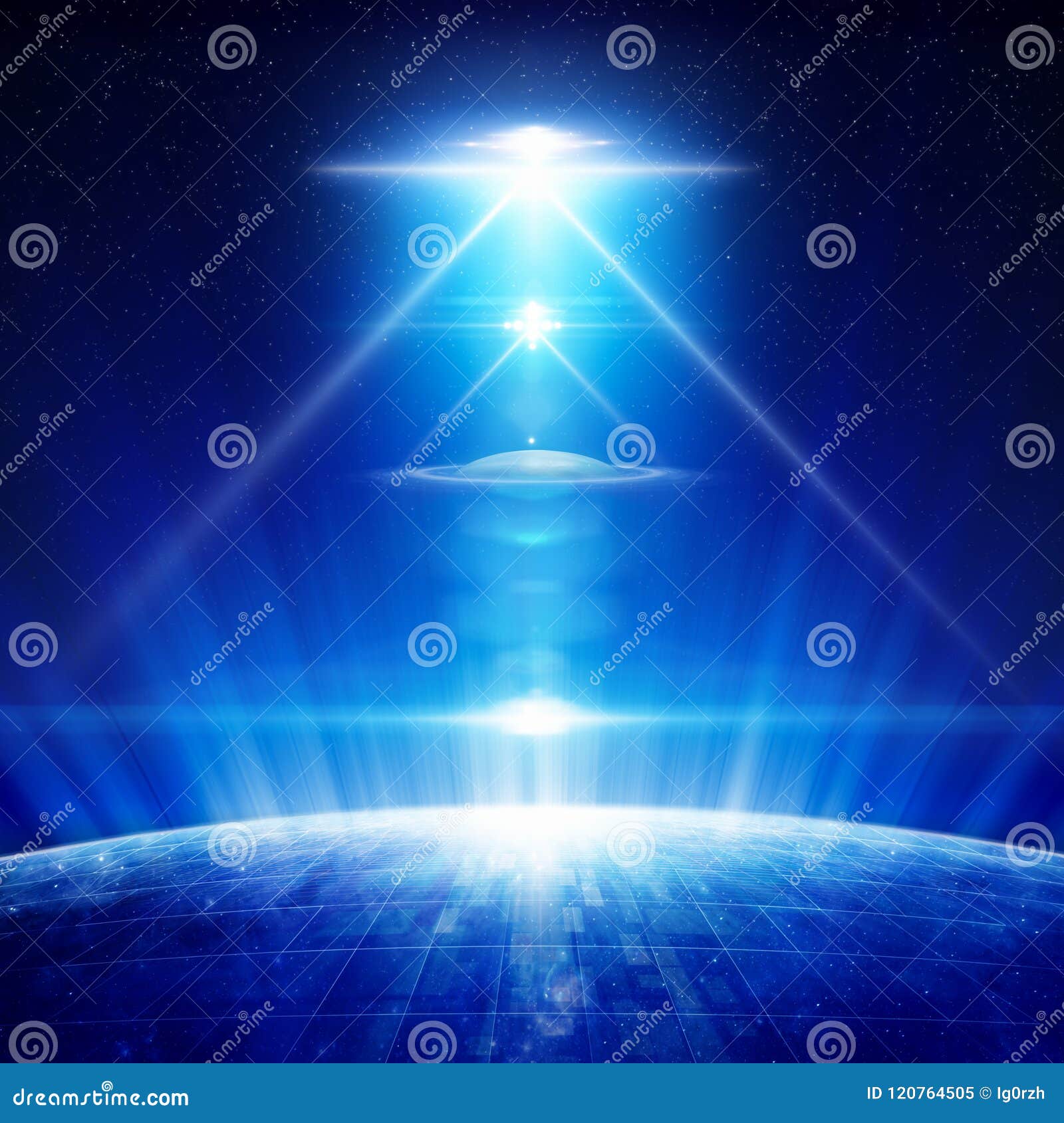 sci-fi background - ufo with bright spotlights above planet