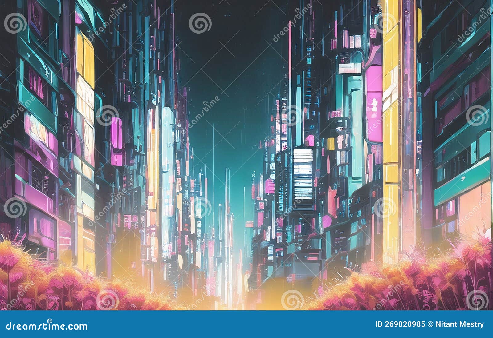 Sci-fi Fantasy City, Cyberpunk Buildings Illustration. Neon Colors