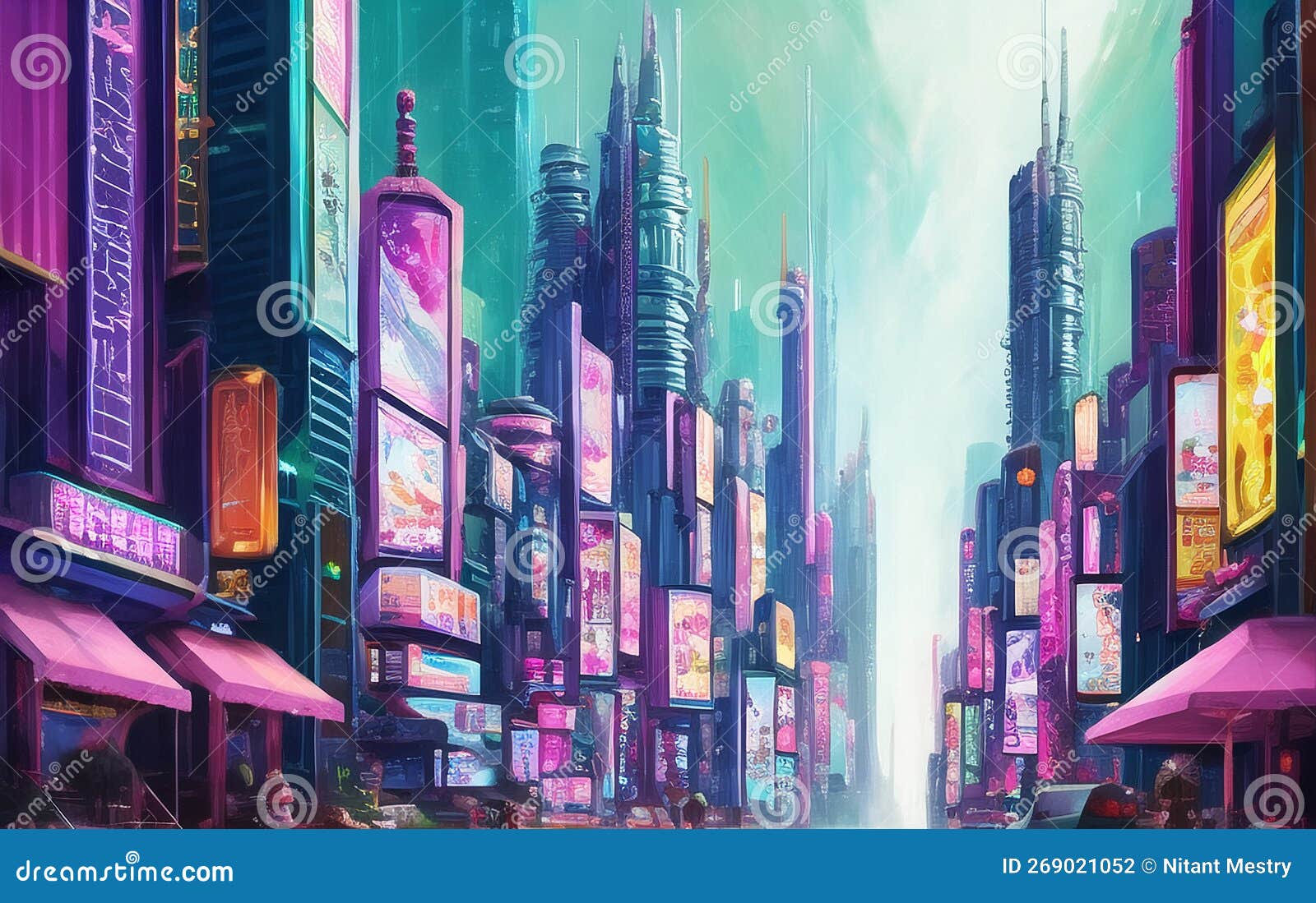 Sci-fi Fantasy City, Cyberpunk Buildings Illustration. Neon Colors