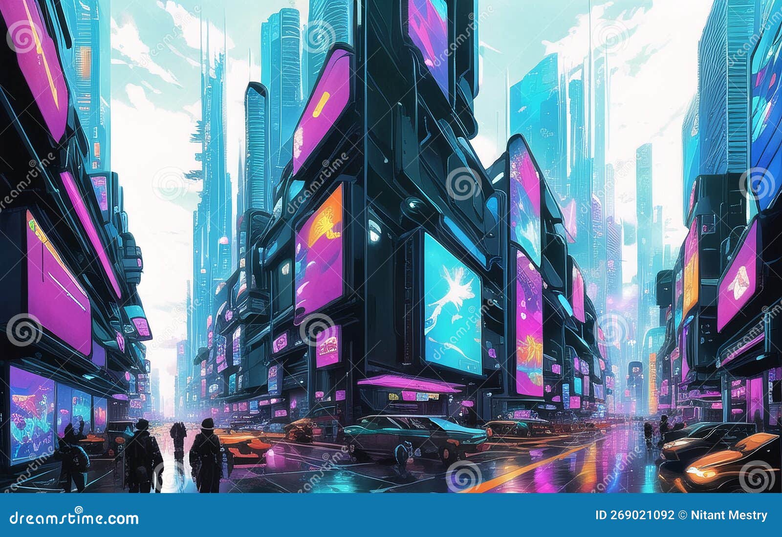 Sci-fi Fantasy City, Cyberpunk Buildings Illustration. Neon Colors