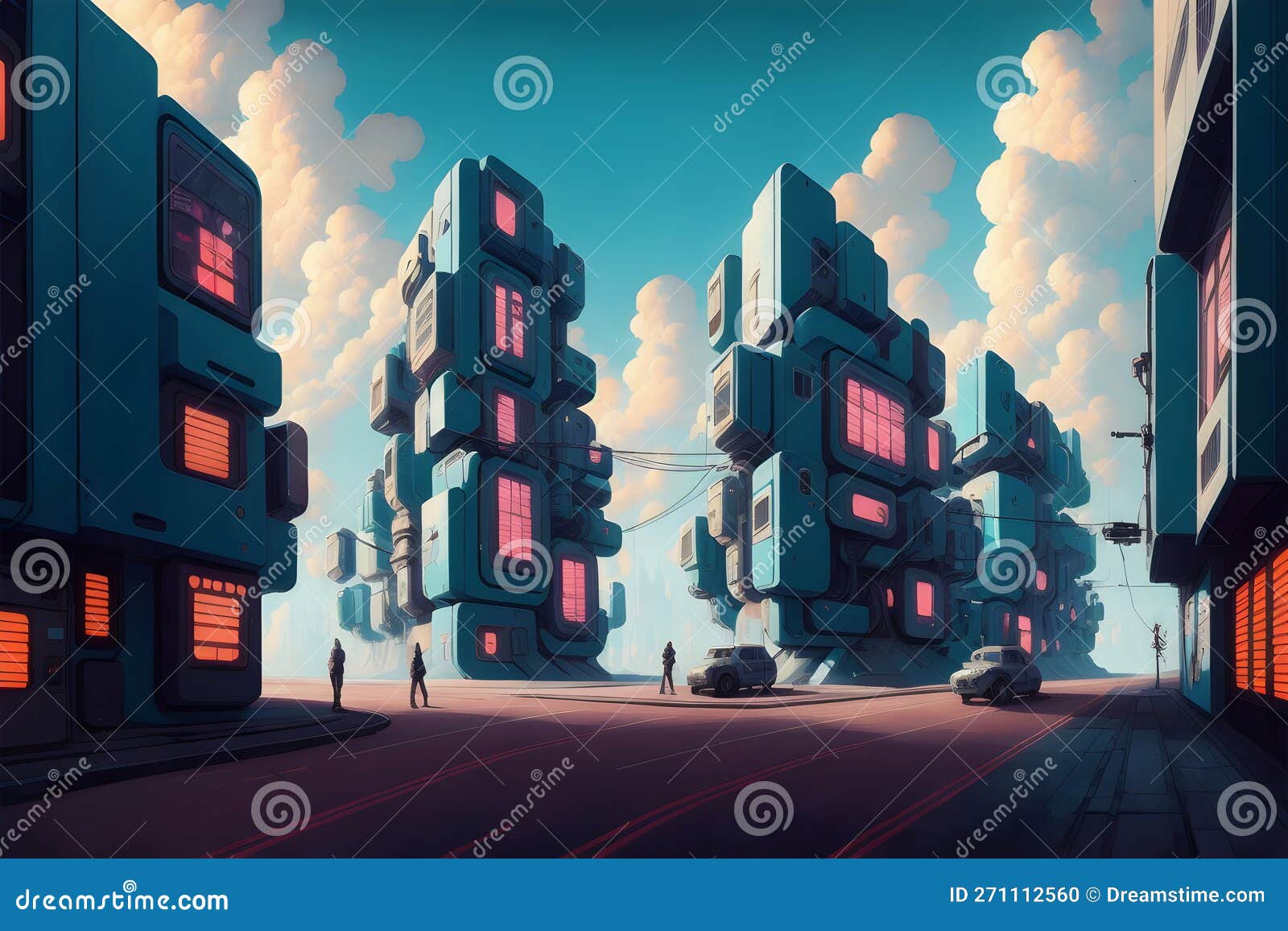 Sci-fi Fantasy City, Cyberpunk Buildings Illustration. Neon Colors