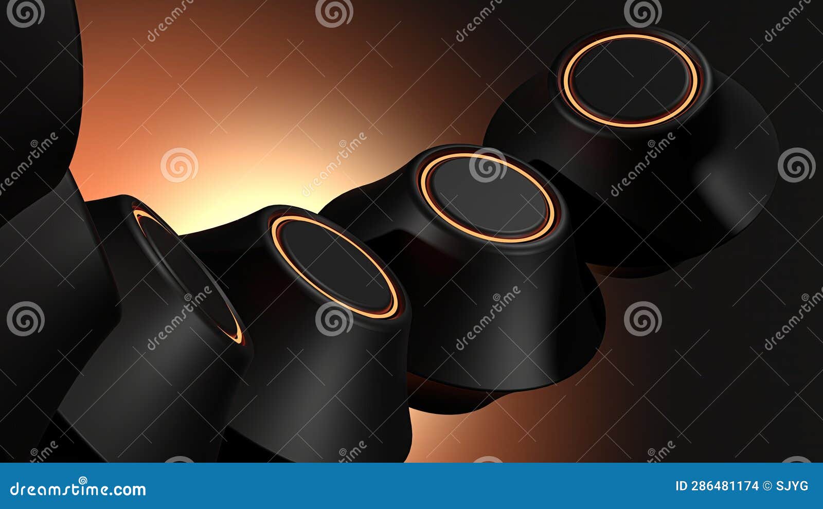 a sci-fi linearly arranged many objects with a glowing orange and black elegant and modern 3d rendering image background