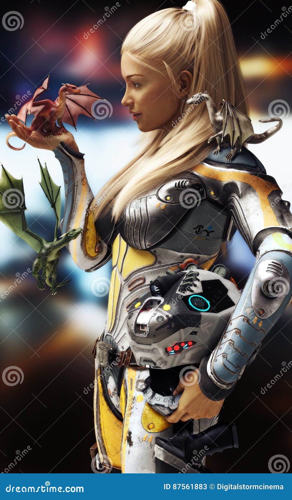 Sci-Fi Meets Fantasy. Blonde Female in Futuristic Space Armor with Helmet ,  Encountering Three Dragons Stock Illustration - Illustration of creature,  concept: 87561883