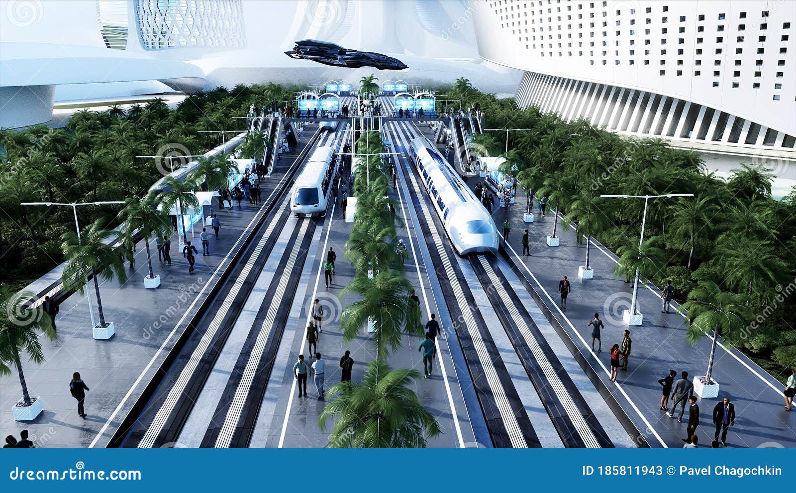 sci fi railway futuristic station. future concept. dinamyc trees. . aerial view. 3d rendering