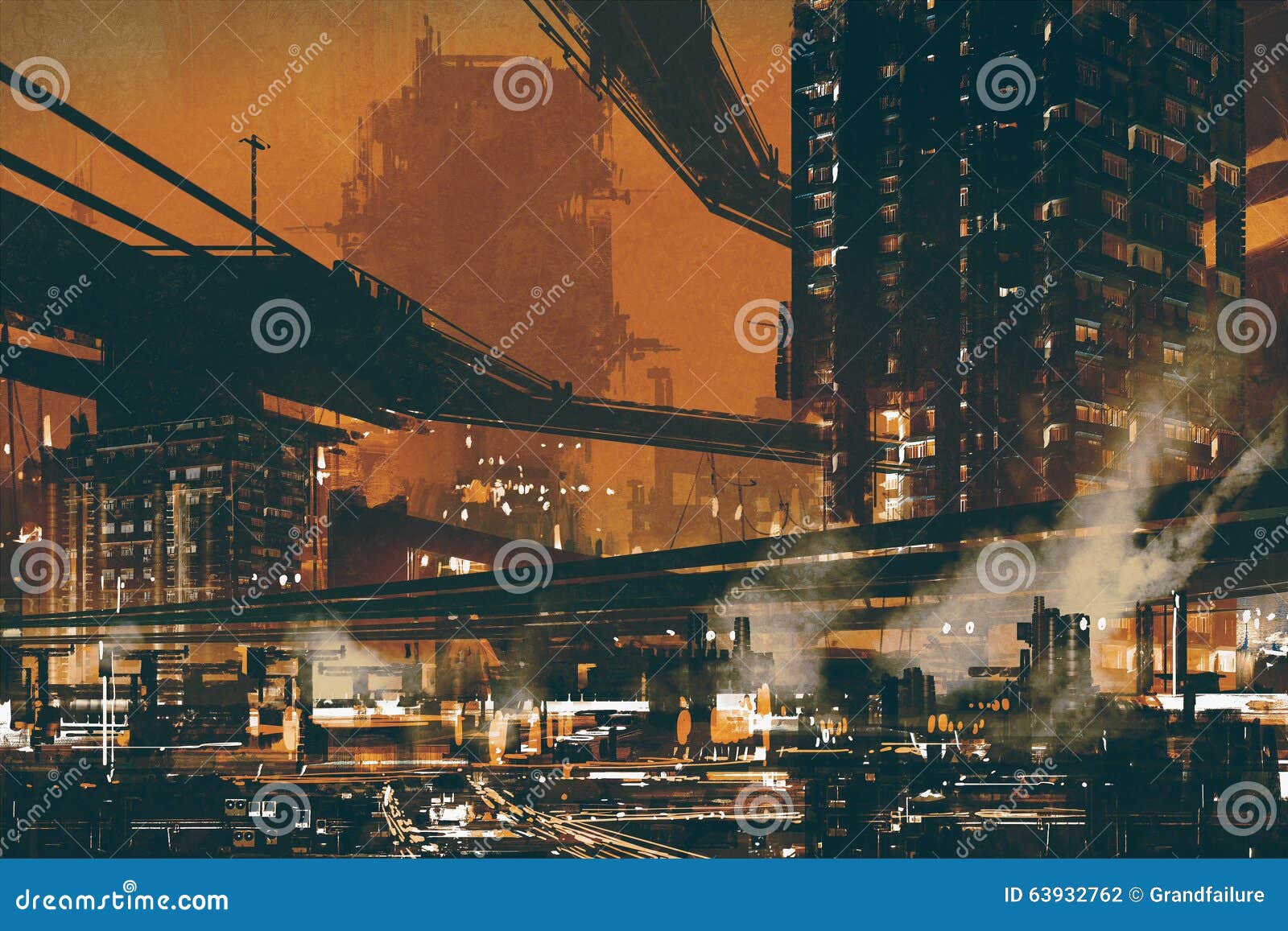 sci fi scene of futuristic industrial cityscape